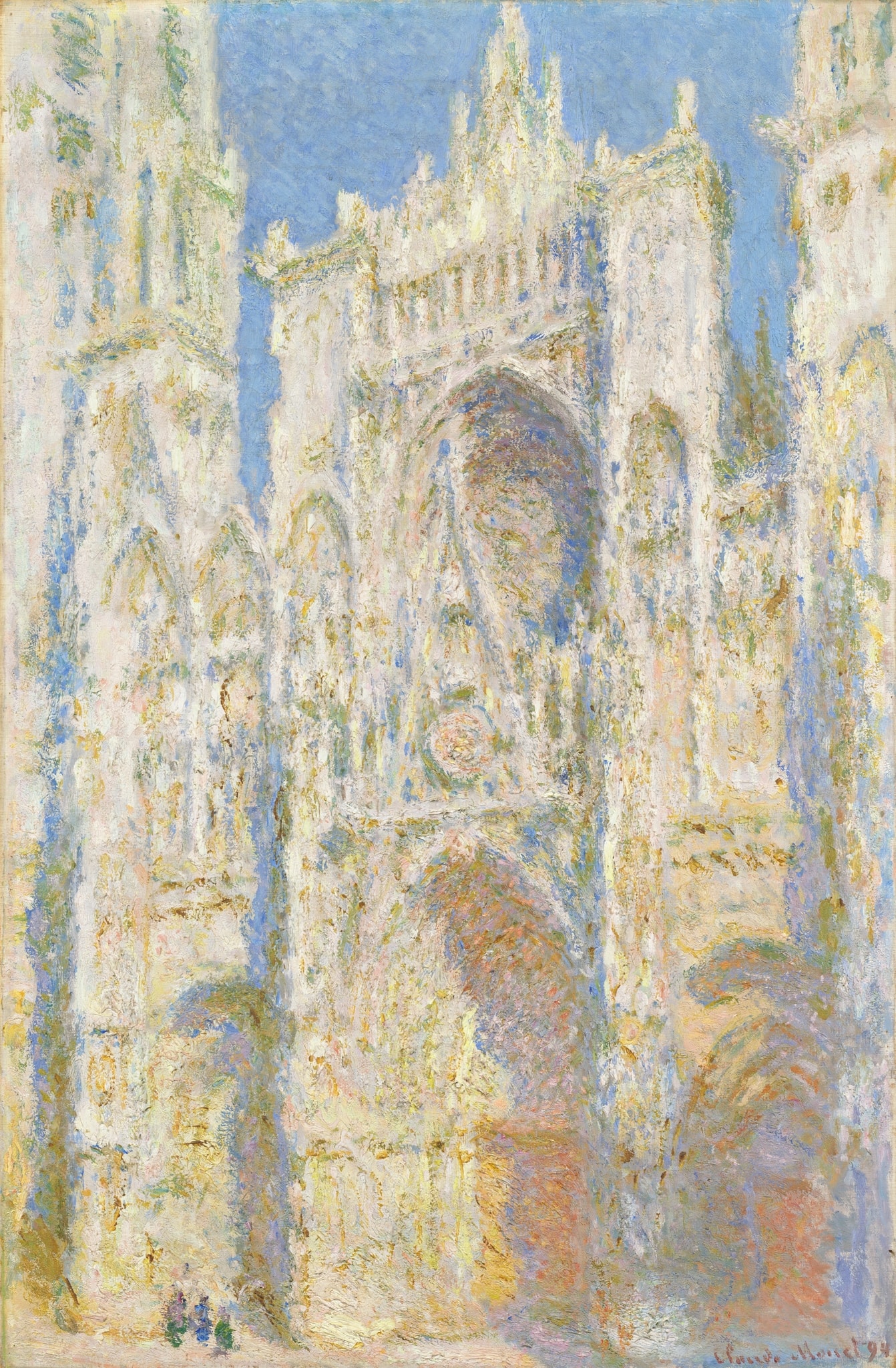 Rouen Cathedral Series by Claude Monet (1894) featuring Rose window (glowing orange disc), Central portal/doorway, Upper gable and crenellated silhouette, Blue sky (negative space)