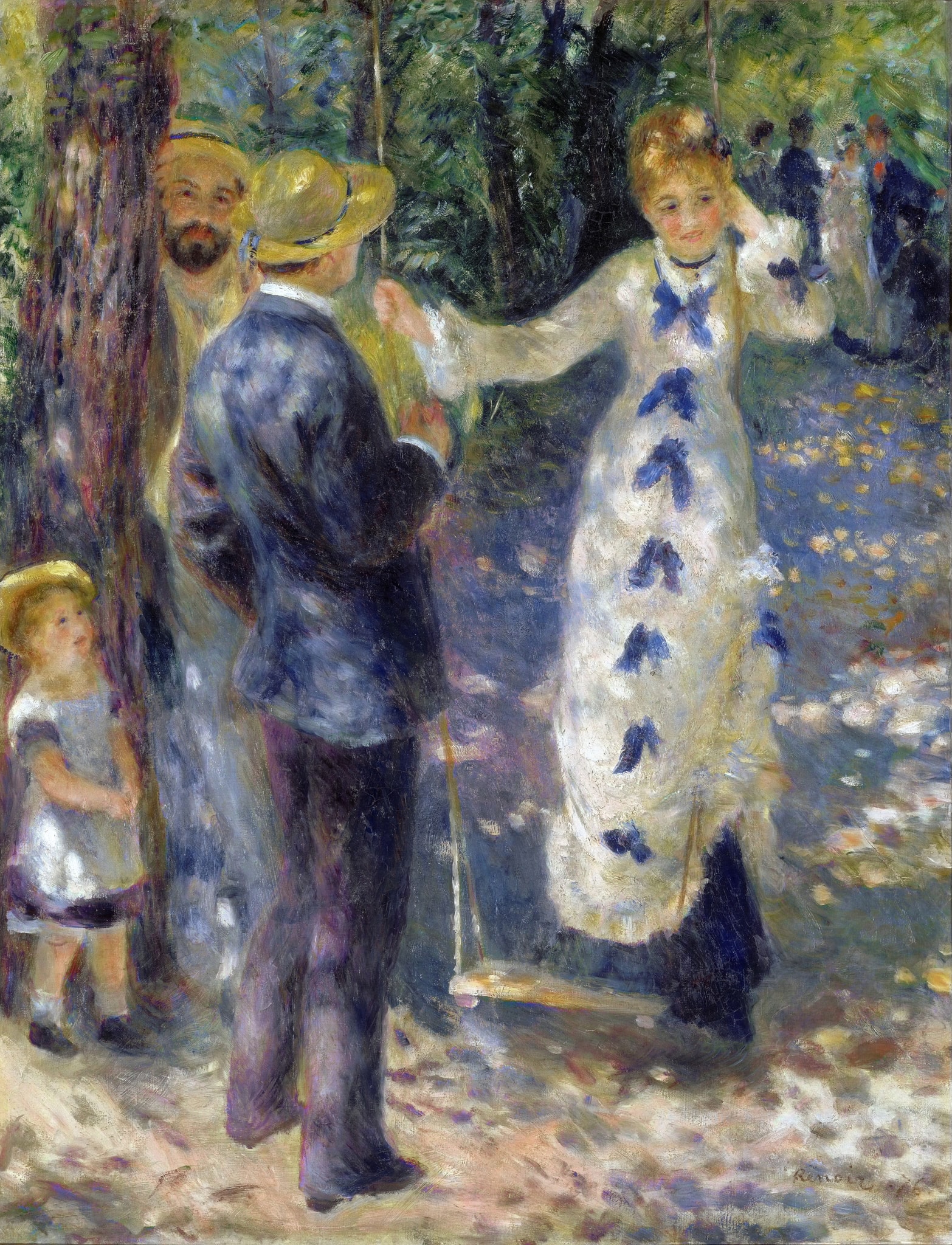 The Swing by Pierre-Auguste Renoir (1876) featuring The swing, Blue-bowed white dress, Straw boater hat, Dappled light (blue shadows)