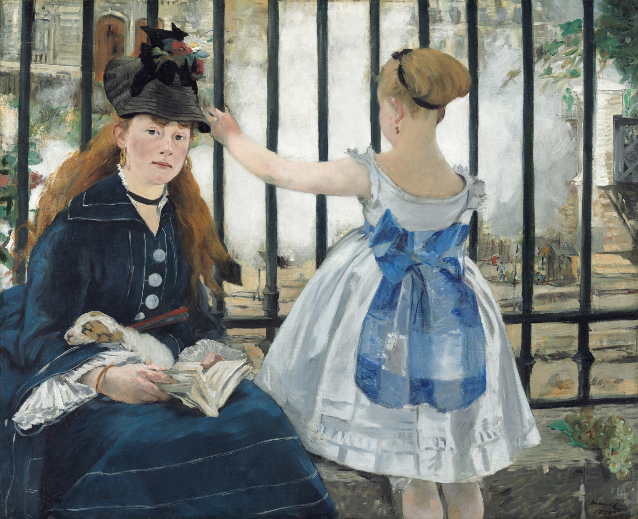 The Railway by Édouard Manet (1873) featuring Iron fence, Steam from the train, Child’s white dress with blue bow, Open book (finger marking place)