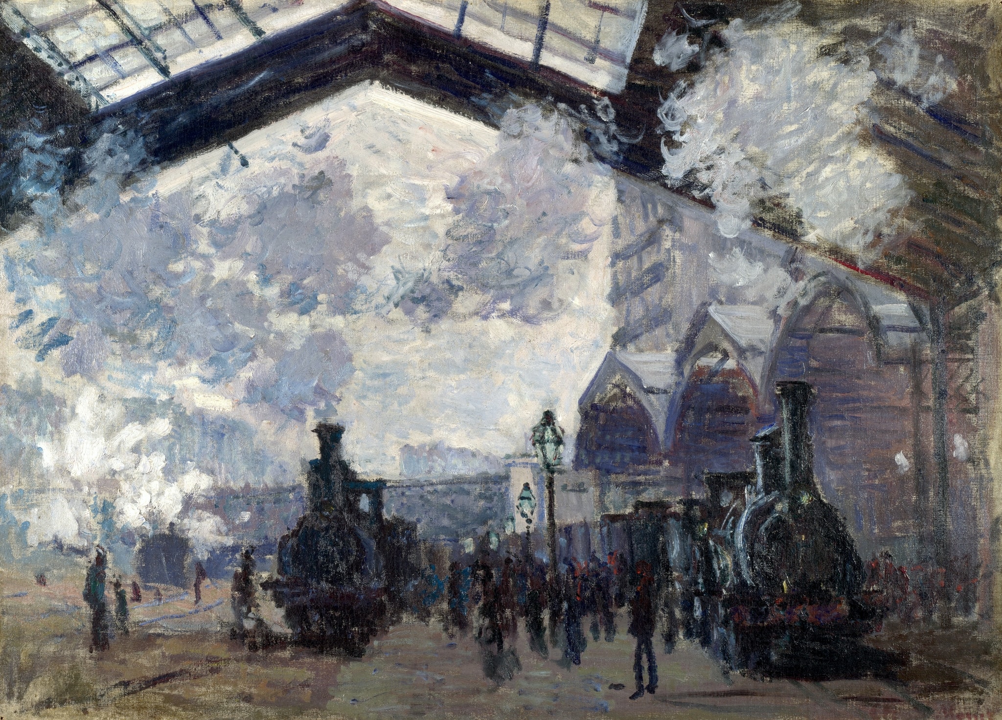 Gare Saint-Lazare by Claude Monet (1877) featuring Iron-and-glass canopy (V-shaped roof truss), Twin steam locomotives, Clouds of steam/smoke, Gas lamps