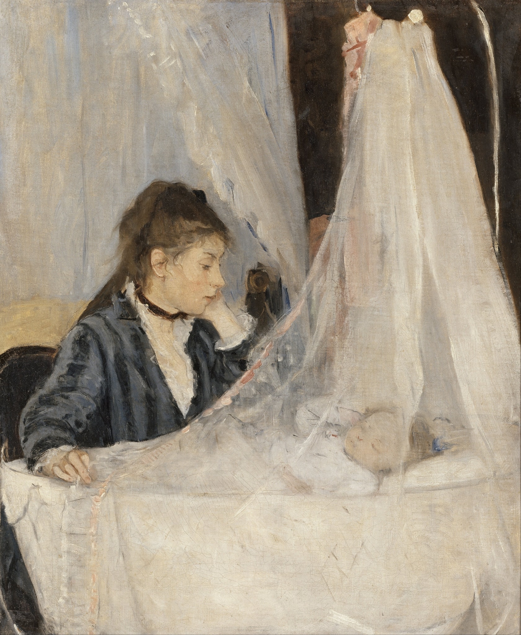 The Cradle by Berthe Morisot (1872) featuring Veil/Netting Canopy, Pink-Edged Ribbon, Diagonal Axis of Care, Watcher’s Gaze and Propped Head