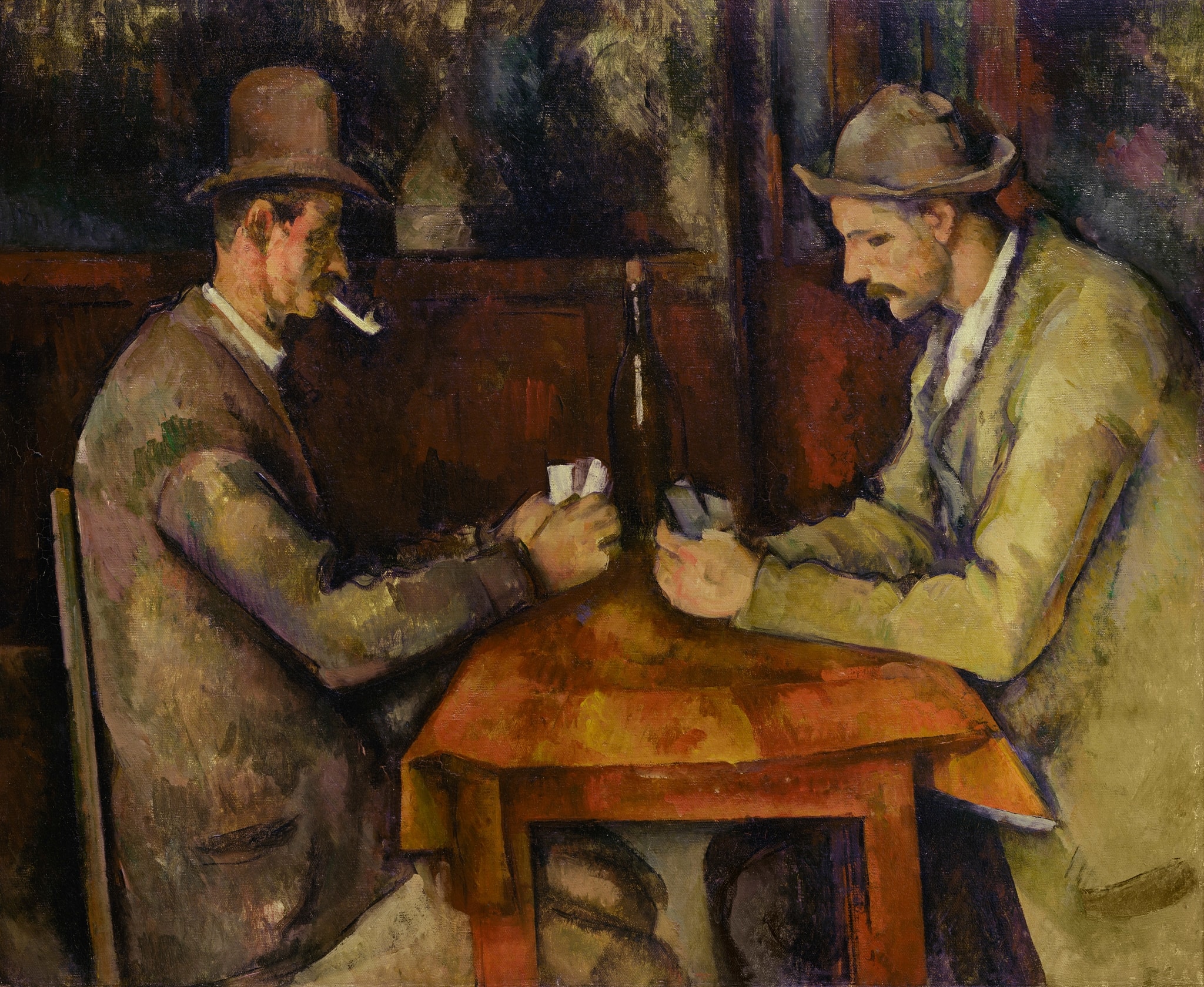 The Card Players by Paul Cézanne | Equilibrium and Form by Paul Cézanne (unknown year) featuring Central bottle (axis), Playing cards, Pipe, Hats