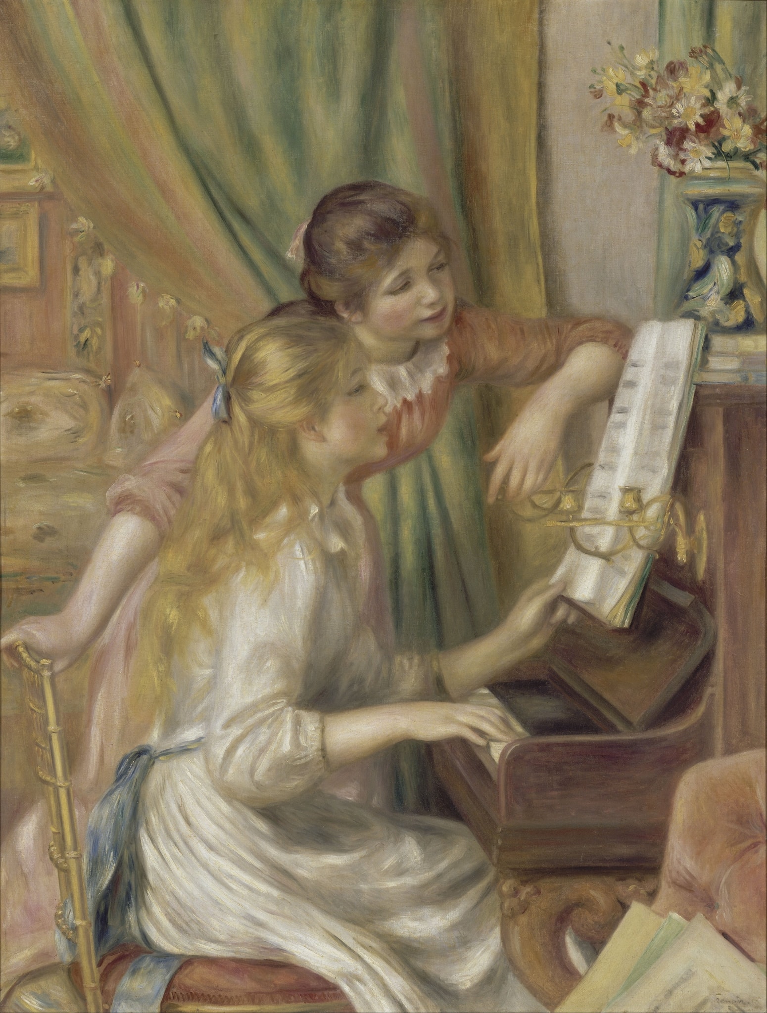 Young Girls at the Piano by Pierre-Auguste Renoir (1892) featuring Piano and Keyboard, Open Sheet Music, Two-Girl Duet, Ornate Gilded Furnishings