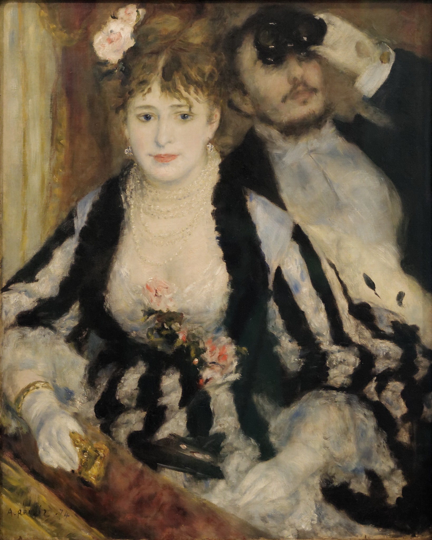The Loge by Pierre-Auguste Renoir (1874) featuring Opera glasses, Balustrade (loge rail), Striped black-and-white gown, Pearl necklaces and earrings