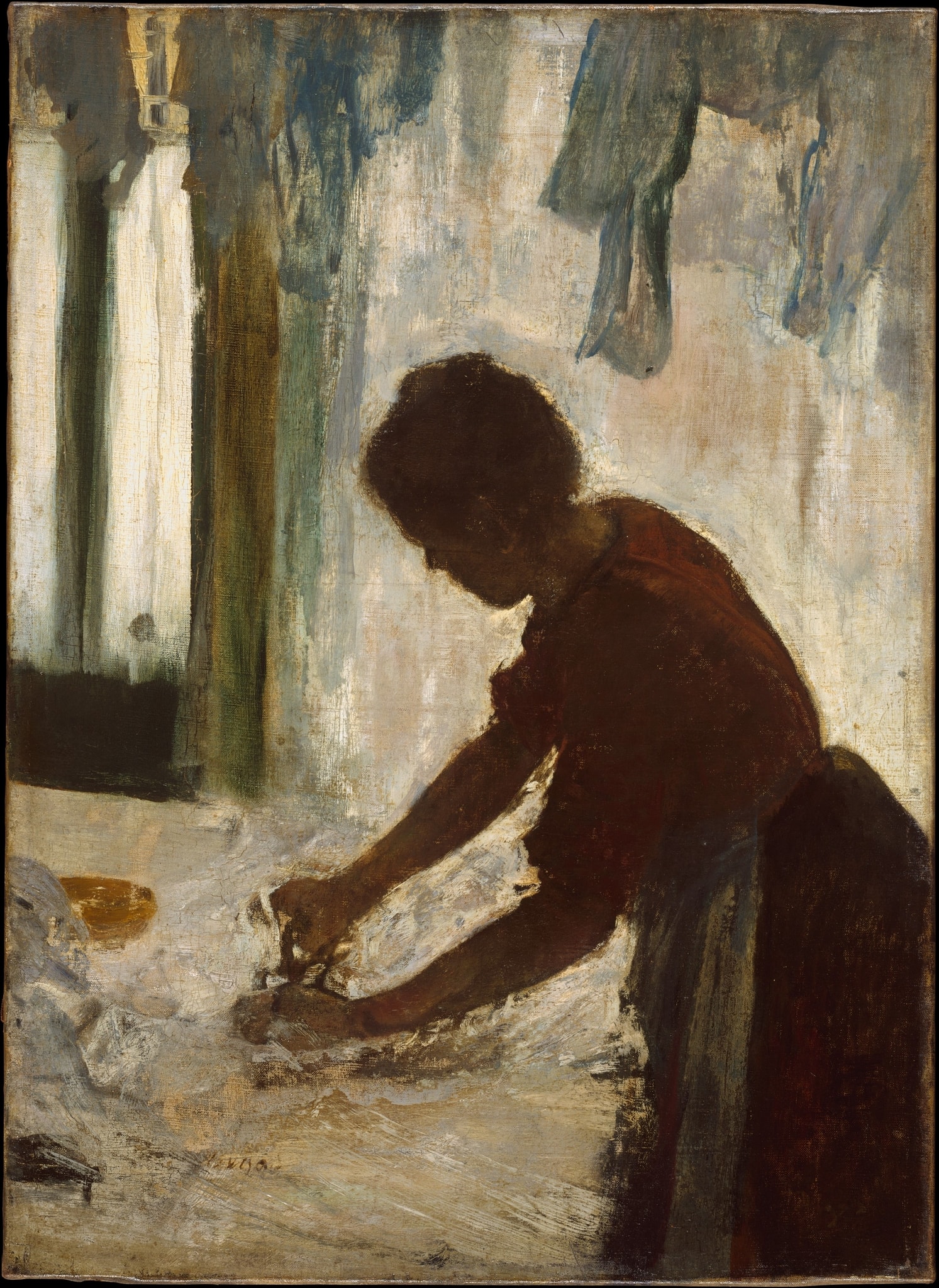 Woman Ironing by Edgar Degas (c. 1876–1887) featuring Hot iron, Contre-jour window light, Diagonal arm-and-shoulder thrust, White linen and steam