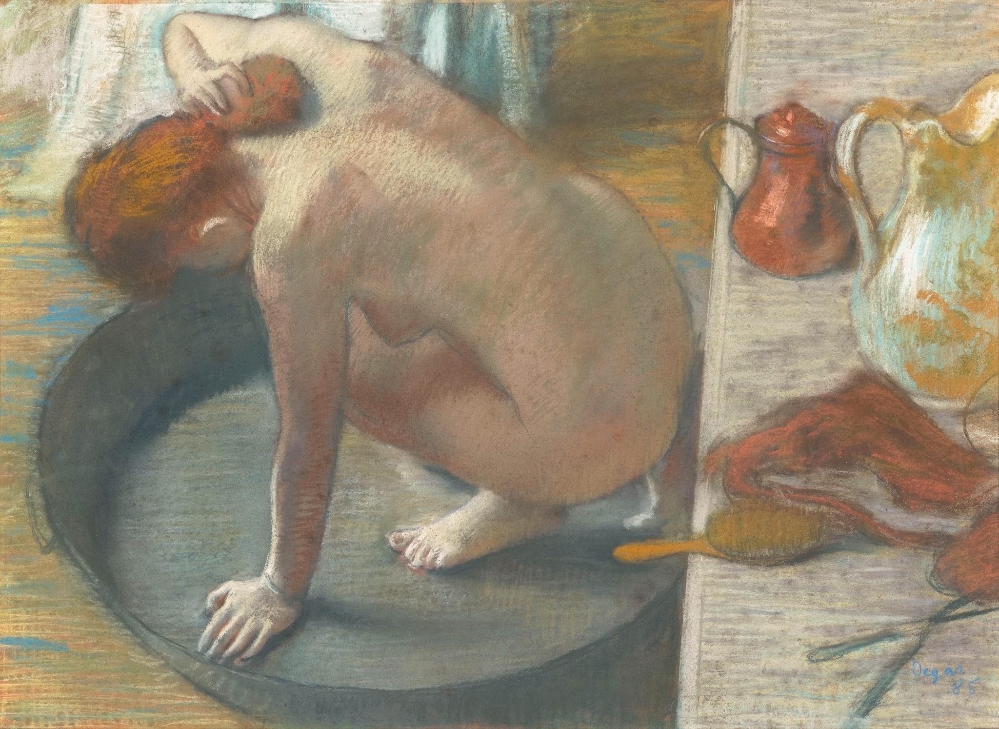 The Tub by Edgar Degas (1886) featuring Circular metal tub, Bracing hand and crouched pose, White ewer/jug, Copper pot