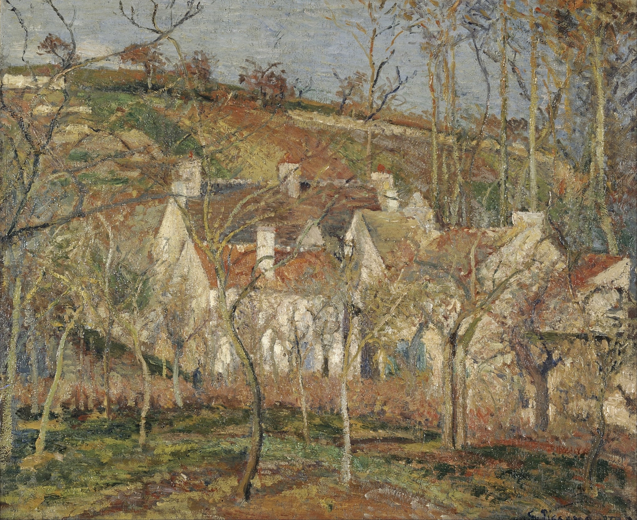 Red Roofs by Camille Pissarro (1877) featuring Screen of winter trees, Red-tiled roofs, White chimneys, Stacked parallel planes
