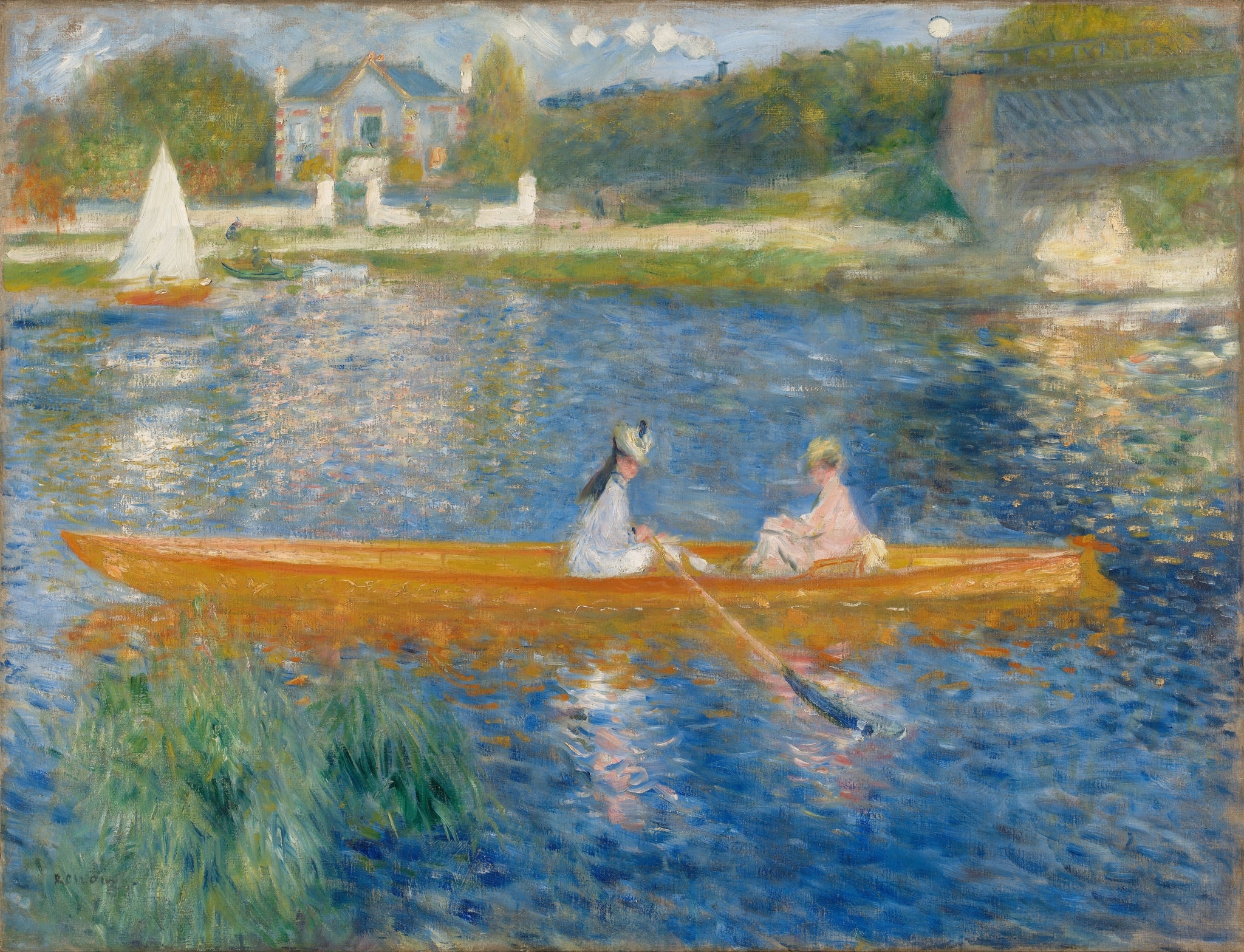 The Skiff (La Yole) by Pierre-Auguste Renoir (1875) featuring Orange skiff (yole), Oar and water vortex, Blue, shimmering river, White sailboat