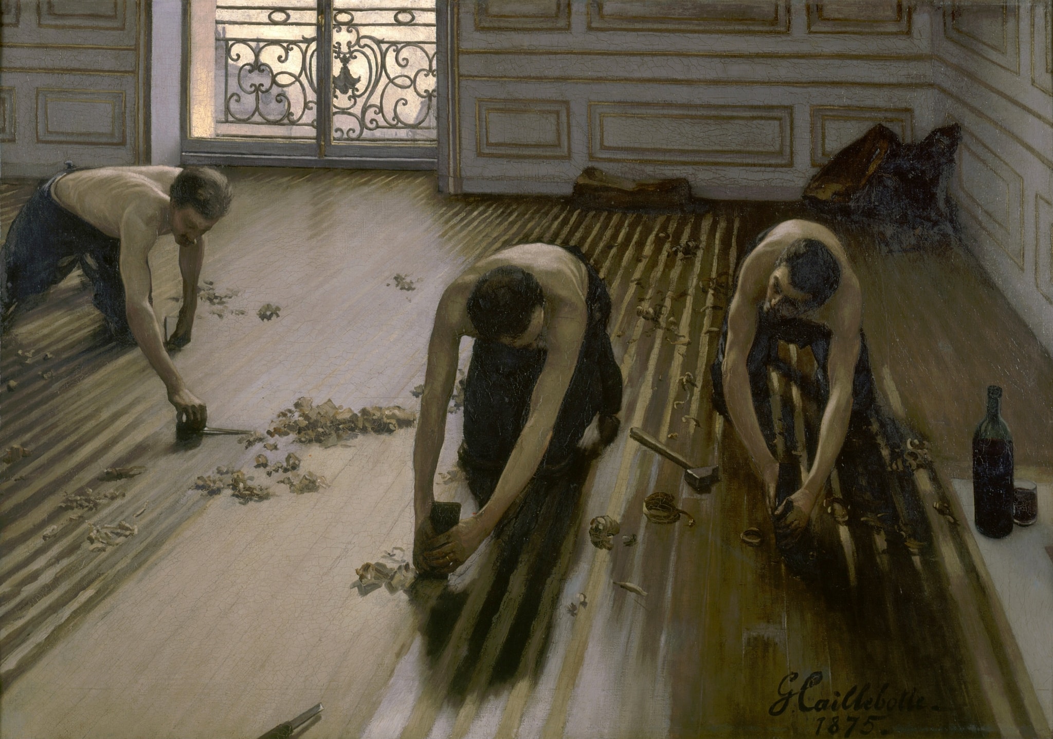 The Floor Scrapers by Gustave Caillebotte (1875) featuring Raking sunlight from the balcony, Wood shavings (curls), Cabinet scrapers, Hammer and metal file