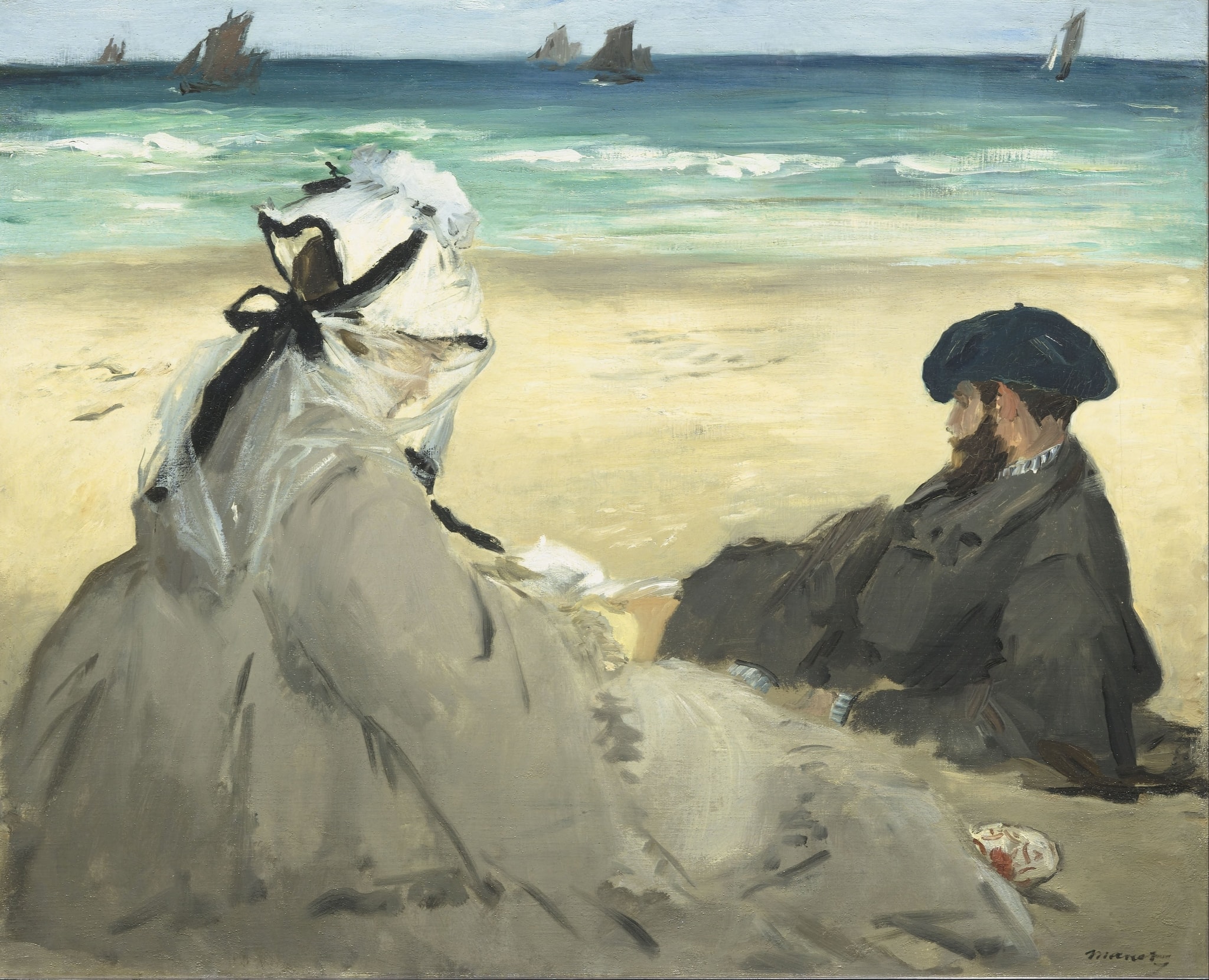 On the Beach by Édouard Manet (1873) featuring Banded, high-horizon sea, Windblown white veil with black ribbons, Book, Sailboats on the horizon