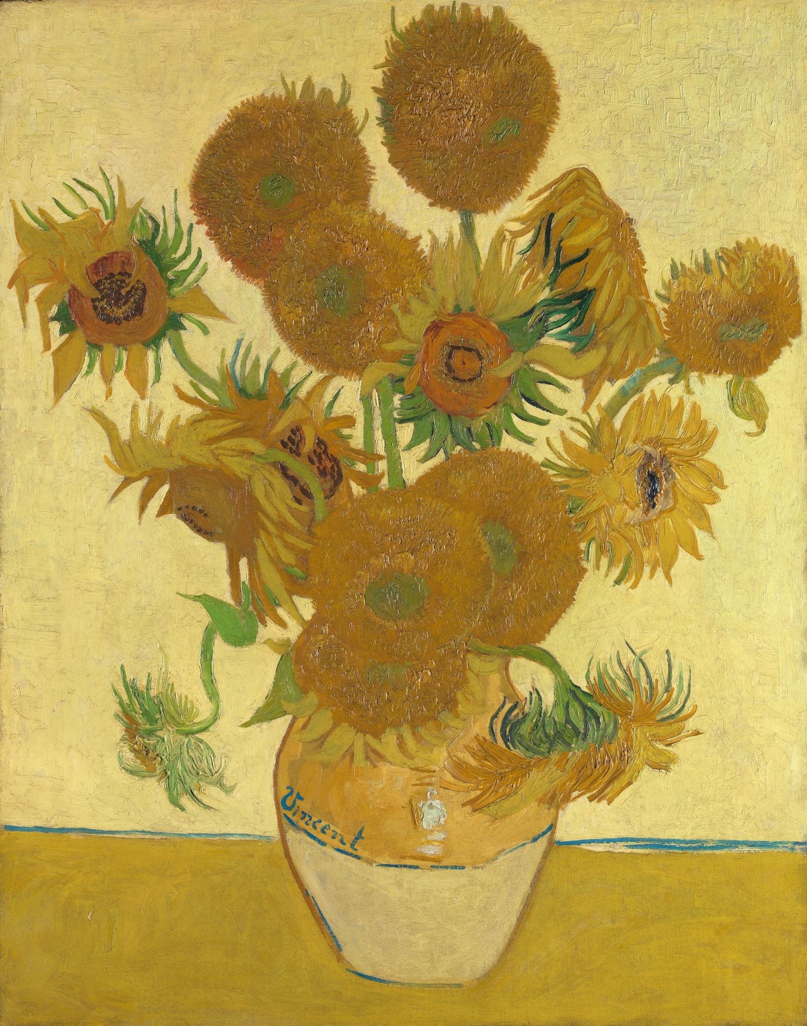 Sunflowers by Vincent van Gogh (1888) featuring Life‑cycle bouquet, Drooping sunflower (vanitas), Yellow‑on‑yellow field, Signed earthenware vase