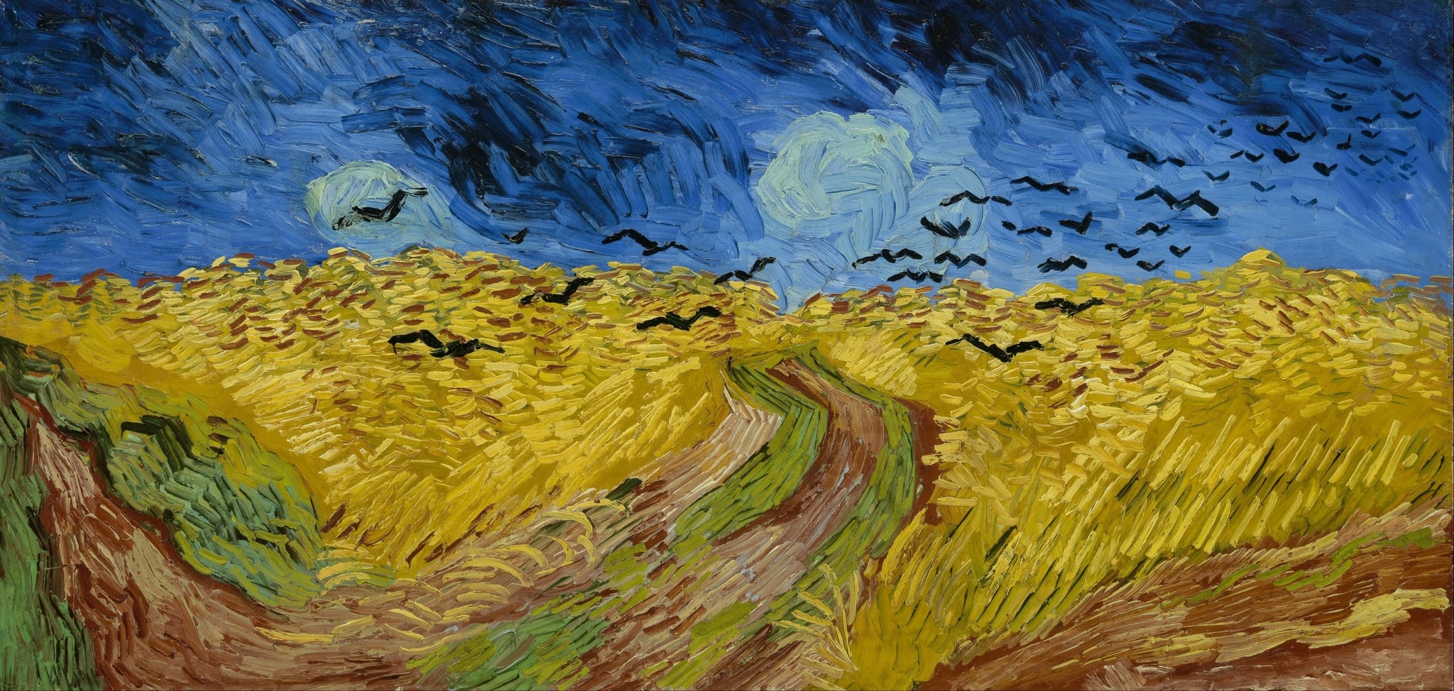Wheatfield with Crows by Vincent van Gogh (1890) featuring Forking dirt track, Black crows, Turbulent storm sky, Golden wheatfield
