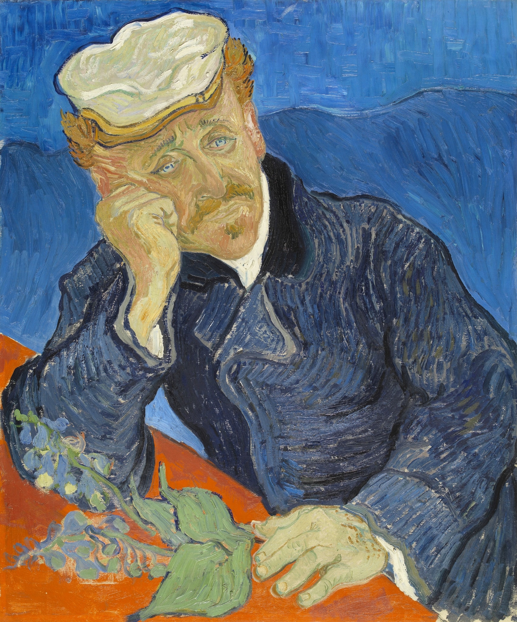 Portrait of Dr. Gachet by Vincent van Gogh (1890) featuring Foxglove (digitalis) sprig, Hand-to-cheek pose, Orange-red table, Cobalt/ultramarine field