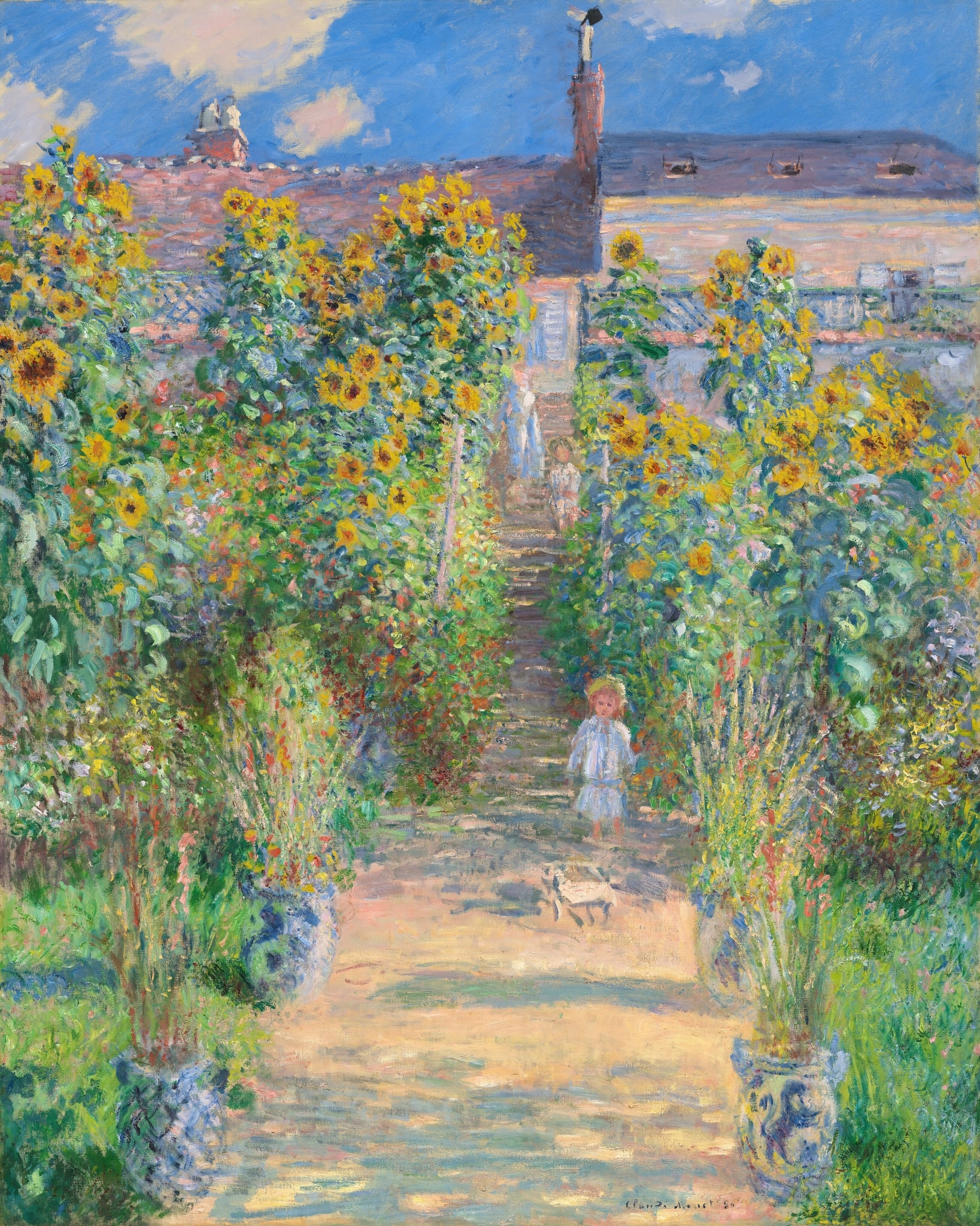The Artist's Garden at Vétheuil by Claude Monet (1881) featuring Sunflowers, Axial Path and Steps, Blue-and-White Jardinieres, Child
