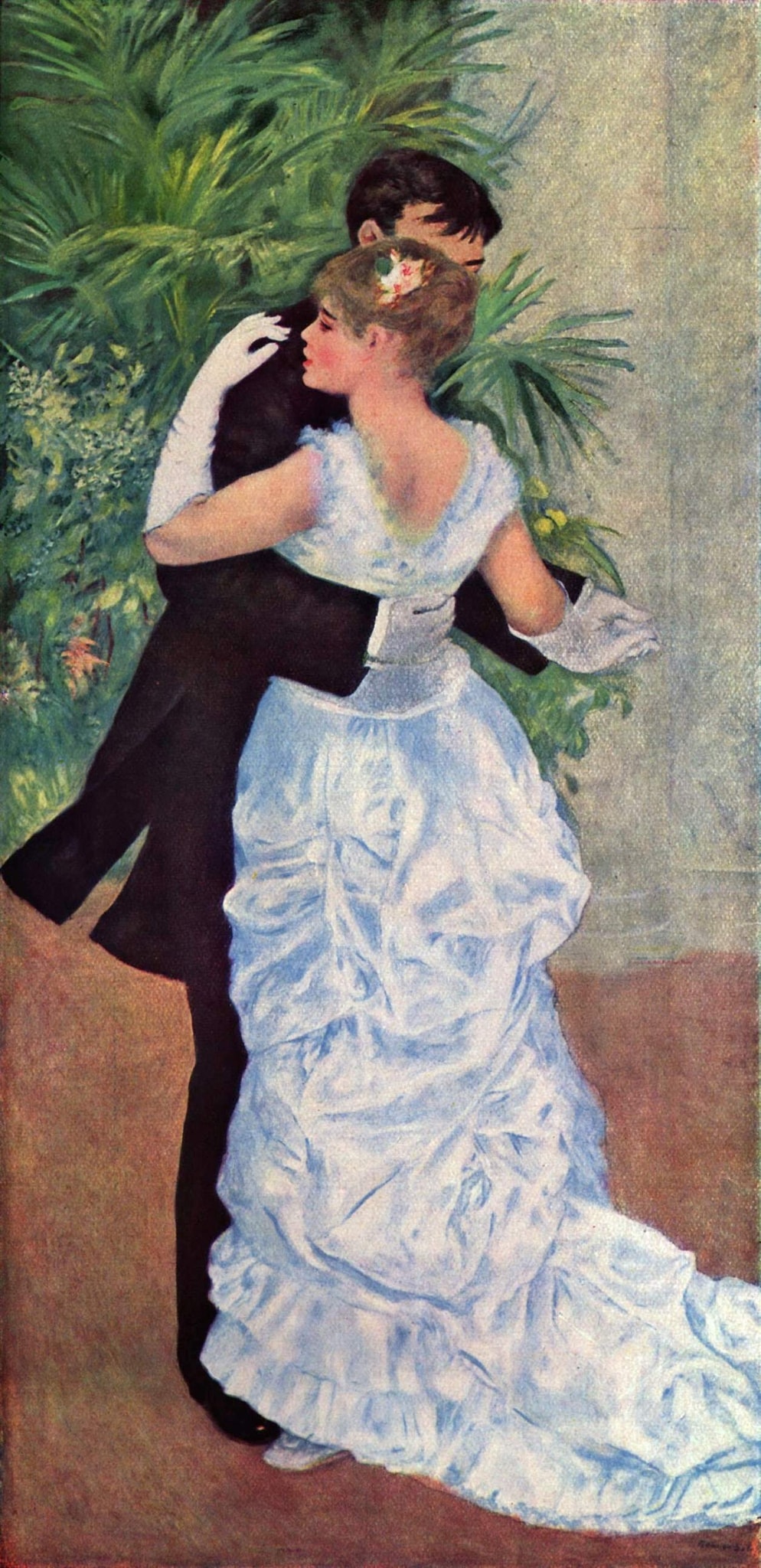 Dance in the City by Pierre-Auguste Renoir (1883) featuring White satin gown, Black tailcoat, Opera-length white gloves, Rose in hair