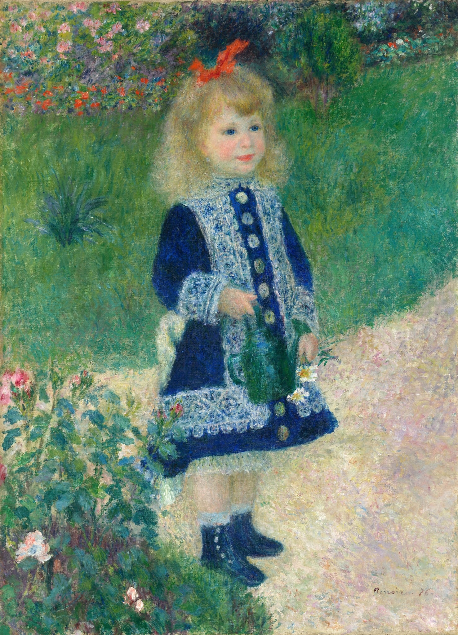 Girl with a Watering Can by Pierre-Auguste Renoir (1876) featuring Daisies, Watering can, Roses, Cobalt blue dress with lace