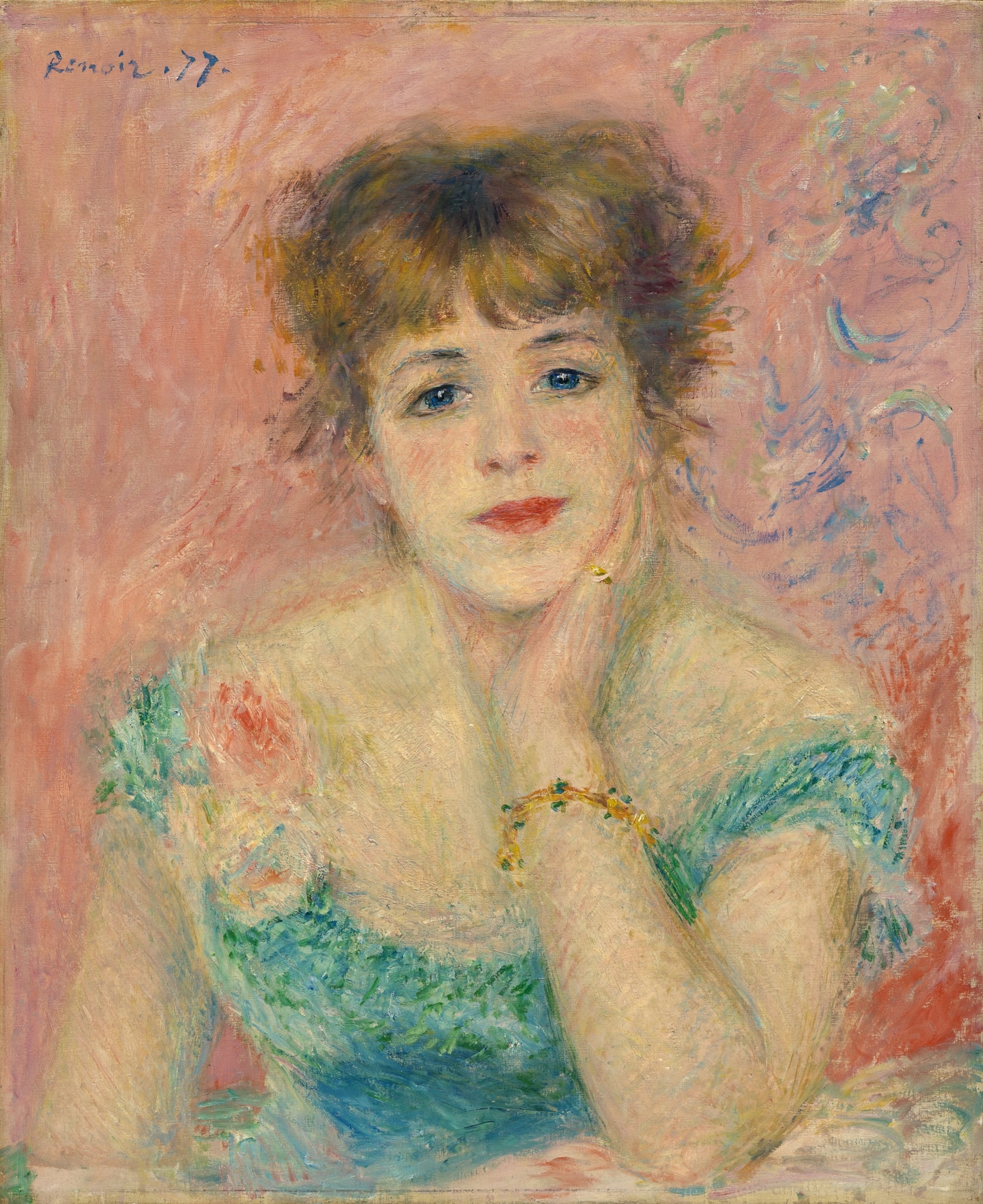 Portrait of Jeanne Samary by Pierre-Auguste Renoir (1877) featuring Rose corsage