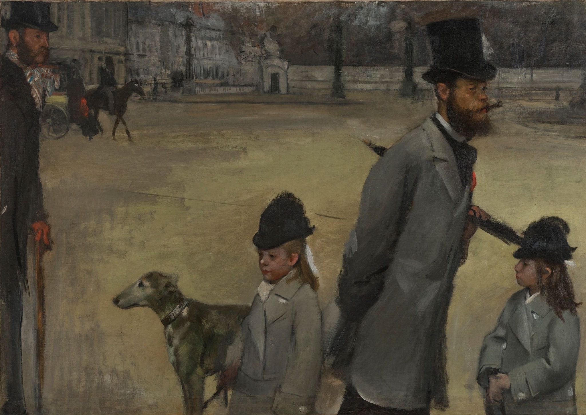 Place de la Concorde by Edgar Degas (1875) featuring Negative space of the plaza, Cropping of figures, Angled umbrella, Red lapel rosette (Legion of Honour ribbon)