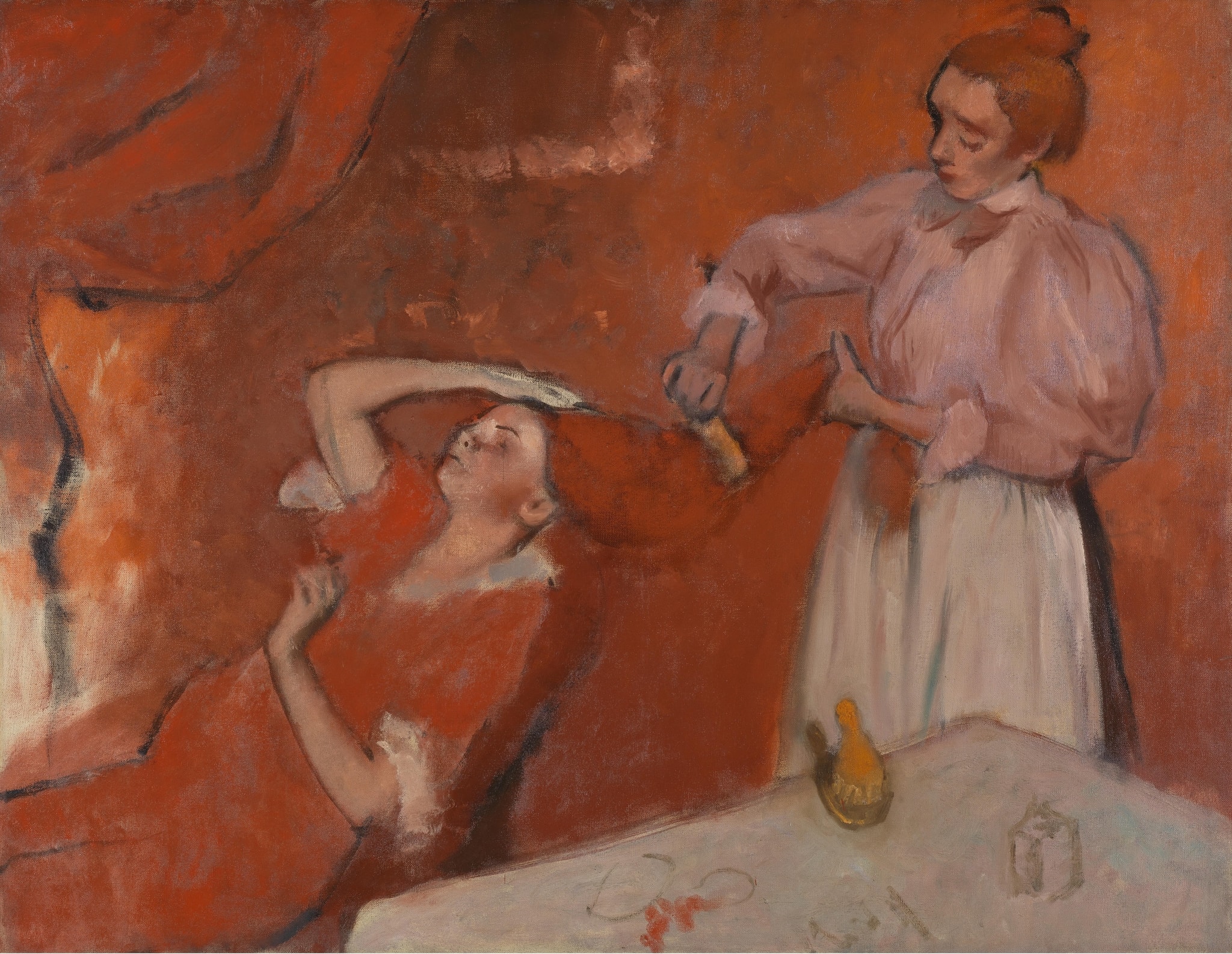 Combing the Hair by Edgar Degas (c.1896) featuring Flame‑red field, Tress of hair as binding ribbon, Brush in motion, Apron and work blouse