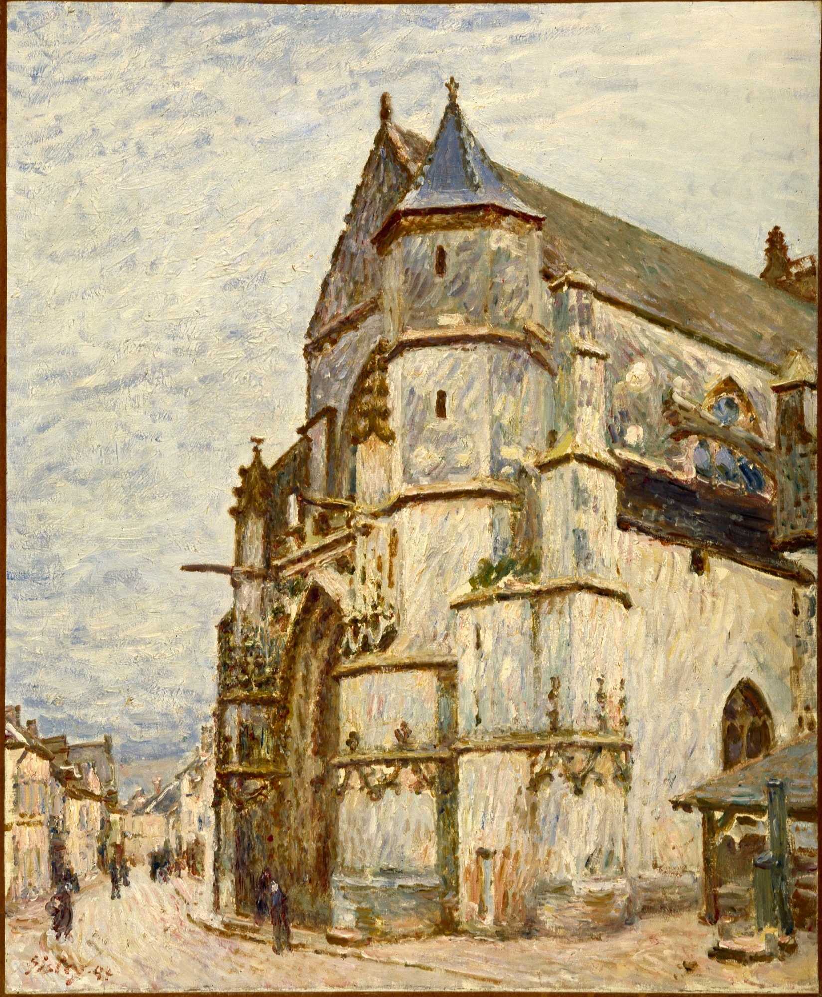 The Church at Moret by Alfred Sisley (1894) featuring Gothic West Portal (shadowed arch), Cylindrical Buttresses and Corner Turrets, Cross Finials, Market Shelter (wooden lean‑to)