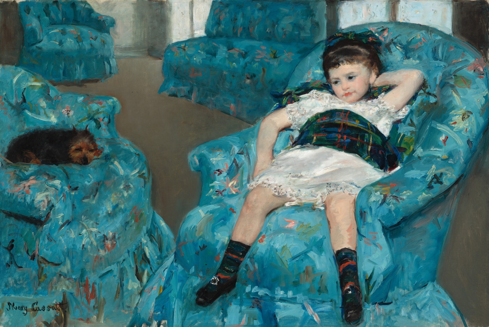 Little Girl in a Blue Armchair by Mary Cassatt (1878) featuring Oversized blue armchairs, Slumped posture of the child, Tartan sash and bow over a lacy white dress, Small dog on a neighboring chair