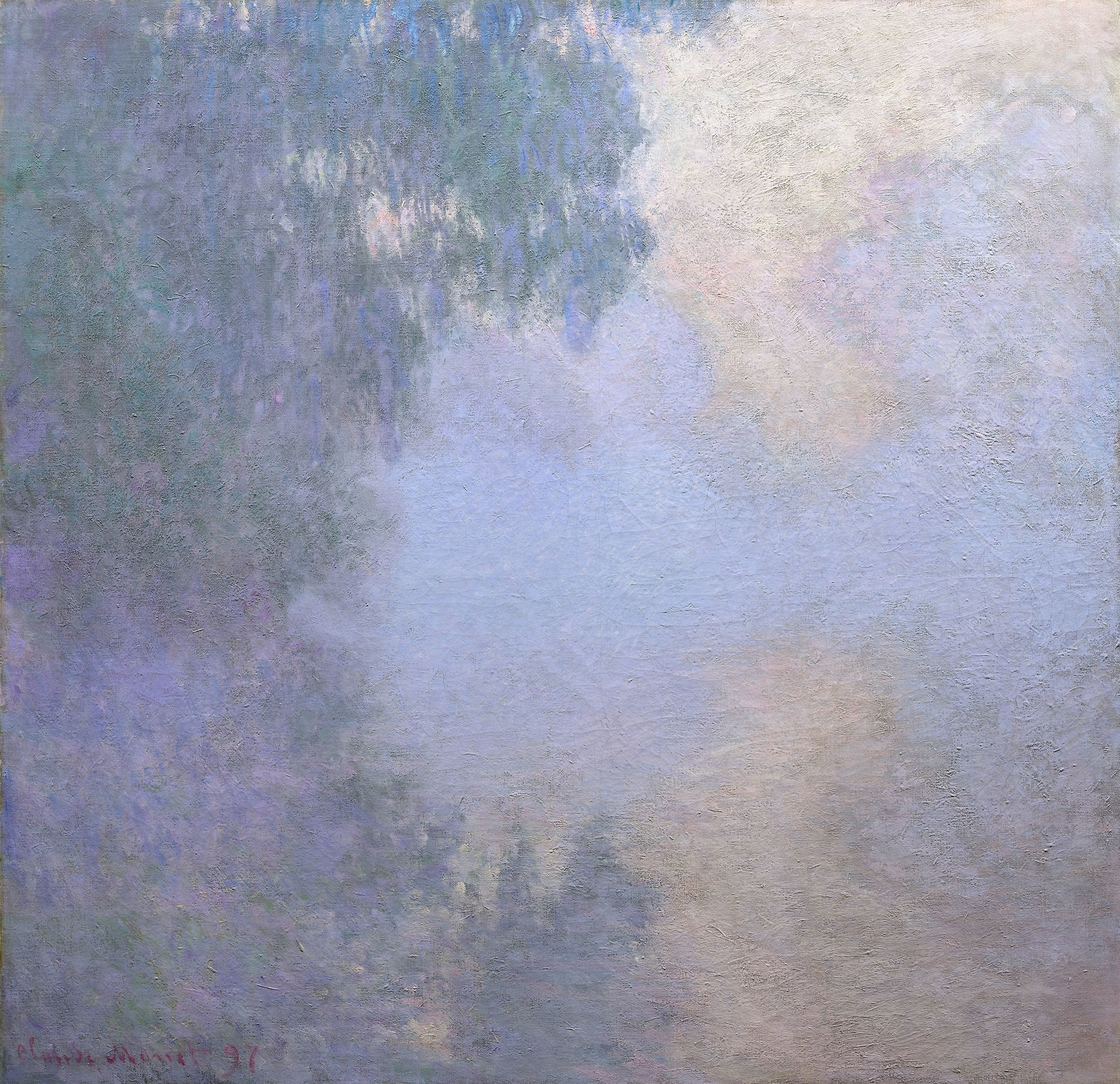 Morning on the Seine (series) by Claude Monet (1897) featuring Shadowed tree curtain, Central luminous void, Pearly dawn glow, Mist/atmospheric veil