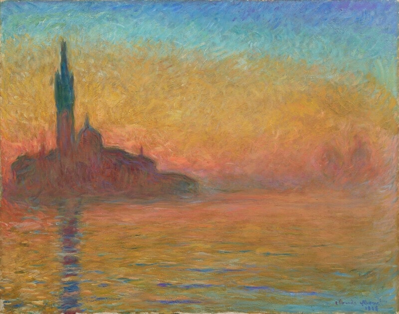 San Giorgio Maggiore by Twilight by Claude Monet (1908) featuring Silhouette of San Giorgio Maggiore, Campanile’s vertical reflection, Twilight color gradient, Rippled horizontal bands in the lagoon