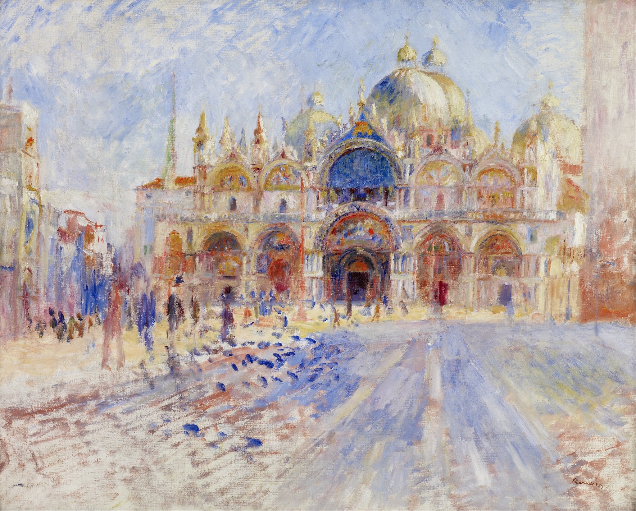 The Piazza San Marco, Venice by Pierre-Auguste Renoir (1881) featuring Five gilded domes of St. Mark’s, Gilded mosaics and blue lunette, Diagonal blue‑violet shadows on the paving, Flock of pigeons