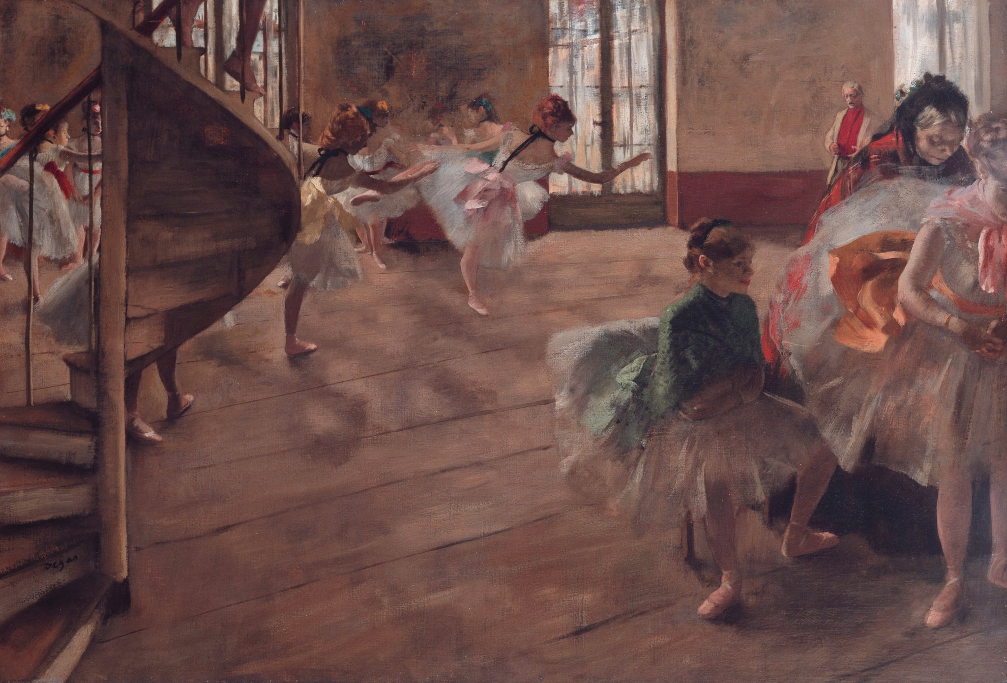 The Ballet Rehearsal by Edgar Degas (c. 1874) featuring Spiral staircase, Scuffed wooden floorboards, Empty center space, Authority figures