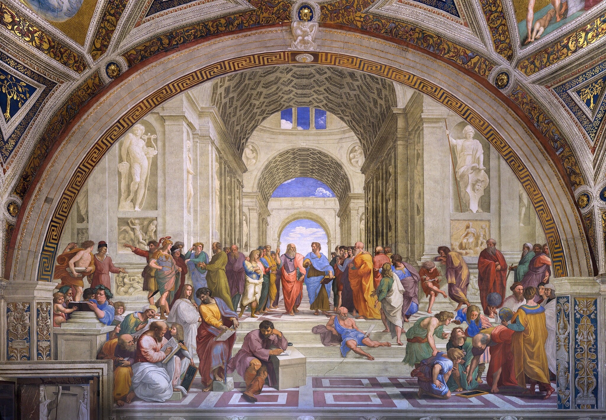 The School of Athens by Raphael (1509–1511) featuring Plato’s upward gesture and the book Timaeus, Aristotle’s level hand and the book Ethics, Statue of Apollo with lyre, Statue of Athena/Minerva with helmet and aegis (Gorgon head)