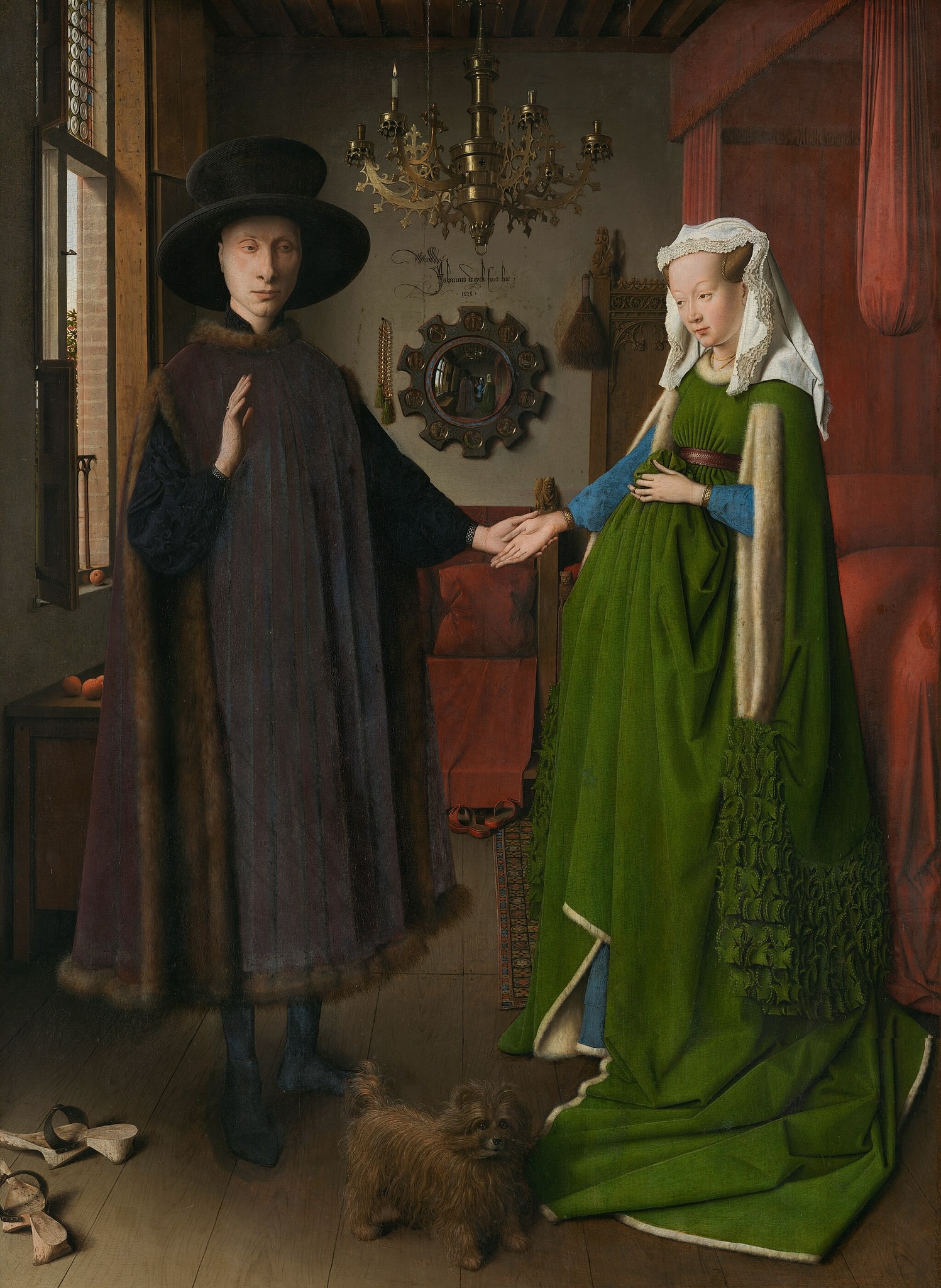 The Arnolfini Portrait by Jan van Eyck (1434) featuring Convex mirror with reflected figures and Passion roundels, Single burning candle, Joined hands and raised hand, Small Dog