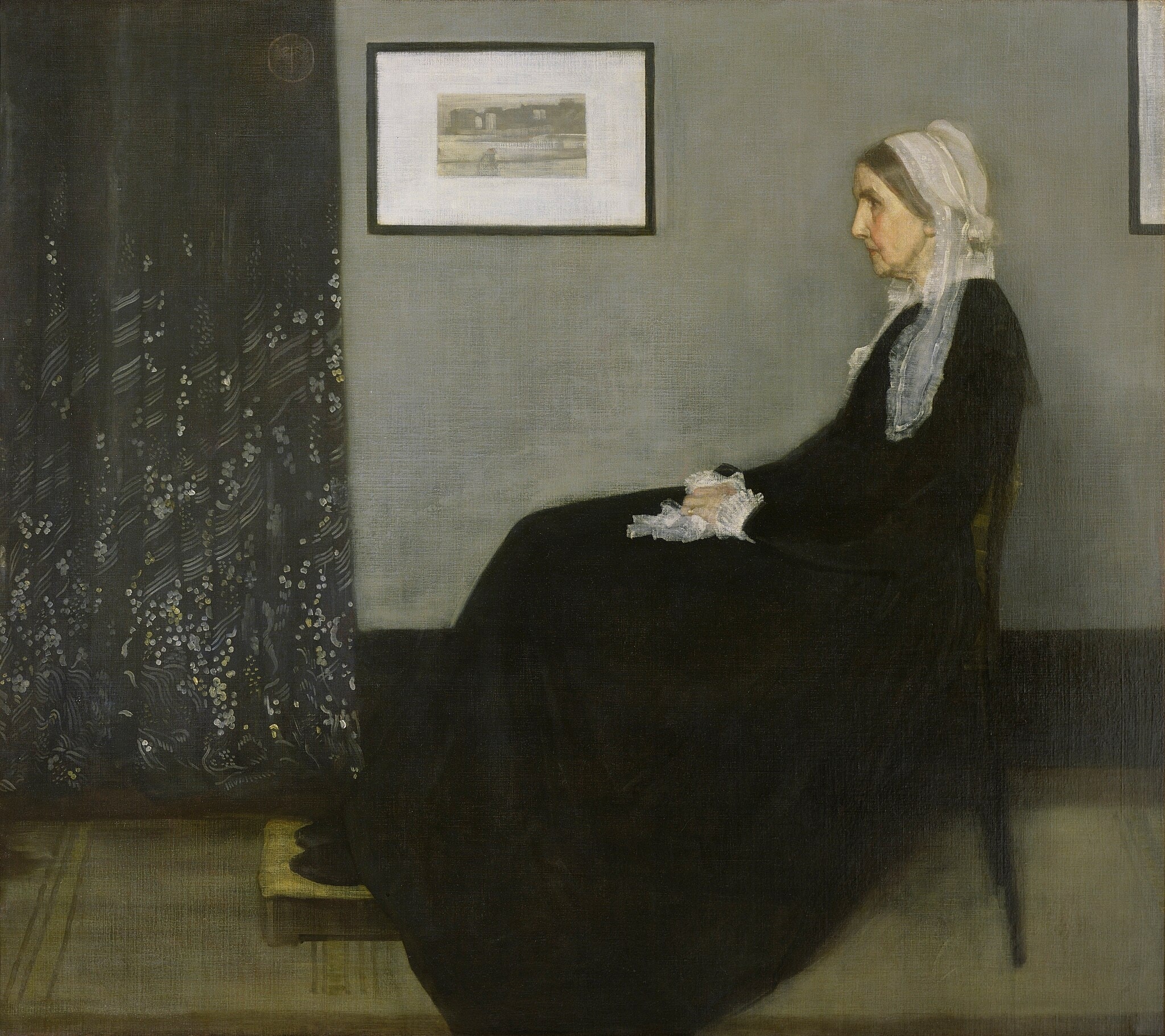 Whistler's Mother by James Abbott McNeill Whistler (1871) featuring Black dress, White lace cap and cuffs, Folded hands with handkerchief, Low footstool