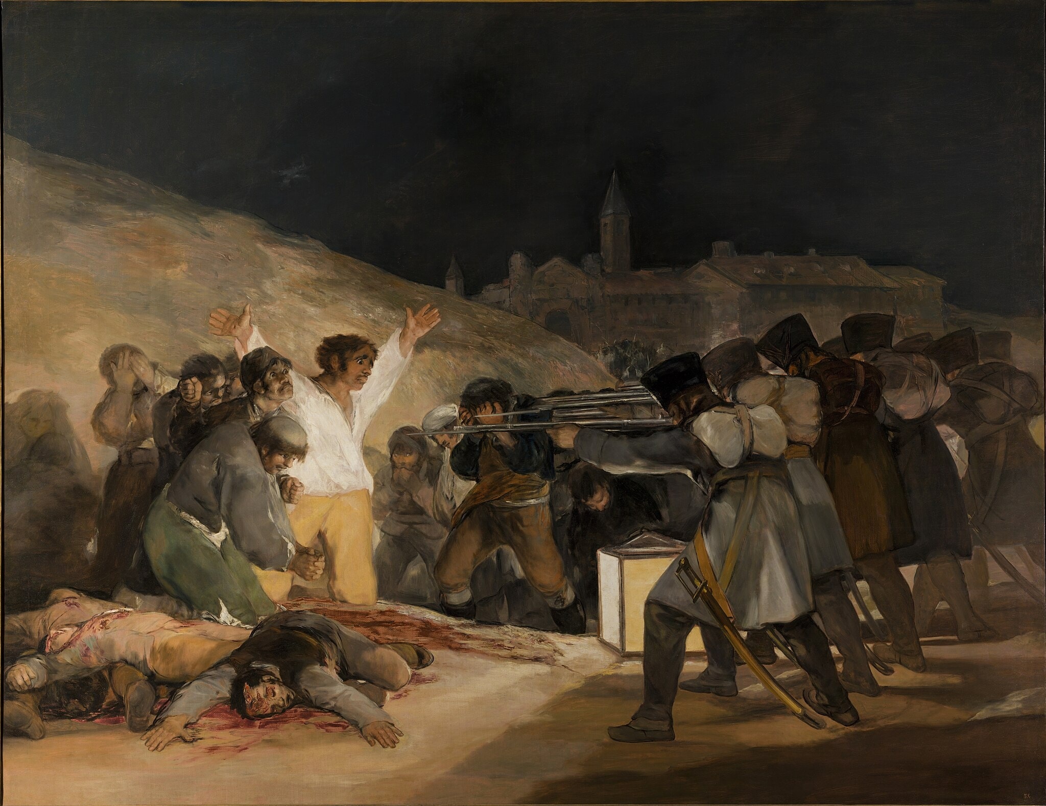The Third of May 1808 by Francisco Goya (1814) featuring Firing squad as faceless mechanism, Corpses and blood pool