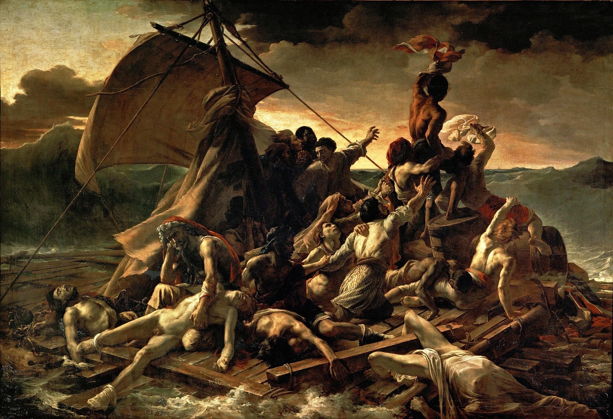 The Raft of the Medusa by Theodore Gericault (1818–1819) featuring Diagonal mast and torn sail, Apex signaler with waving cloth, Distant rescue ship (Argus), Pyramid of bodies