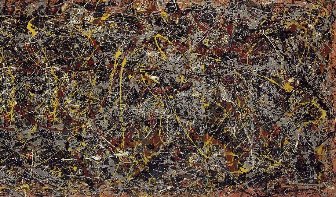 No. 5, 1948 by Jackson Pollock (1948) featuring All‑over lattice of black/gray lines, Diagonal yellow whips, Silvery aluminum filaments, Umber perimeter frame