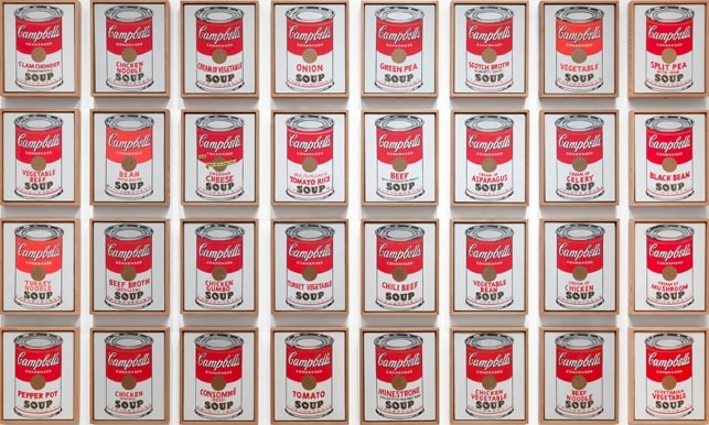 Campbell's Soup Cans by Andy Warhol (1962) featuring Campbell’s cursive script logo, Red/white split label, Gold medallion seal, Fleur‑de‑lis band