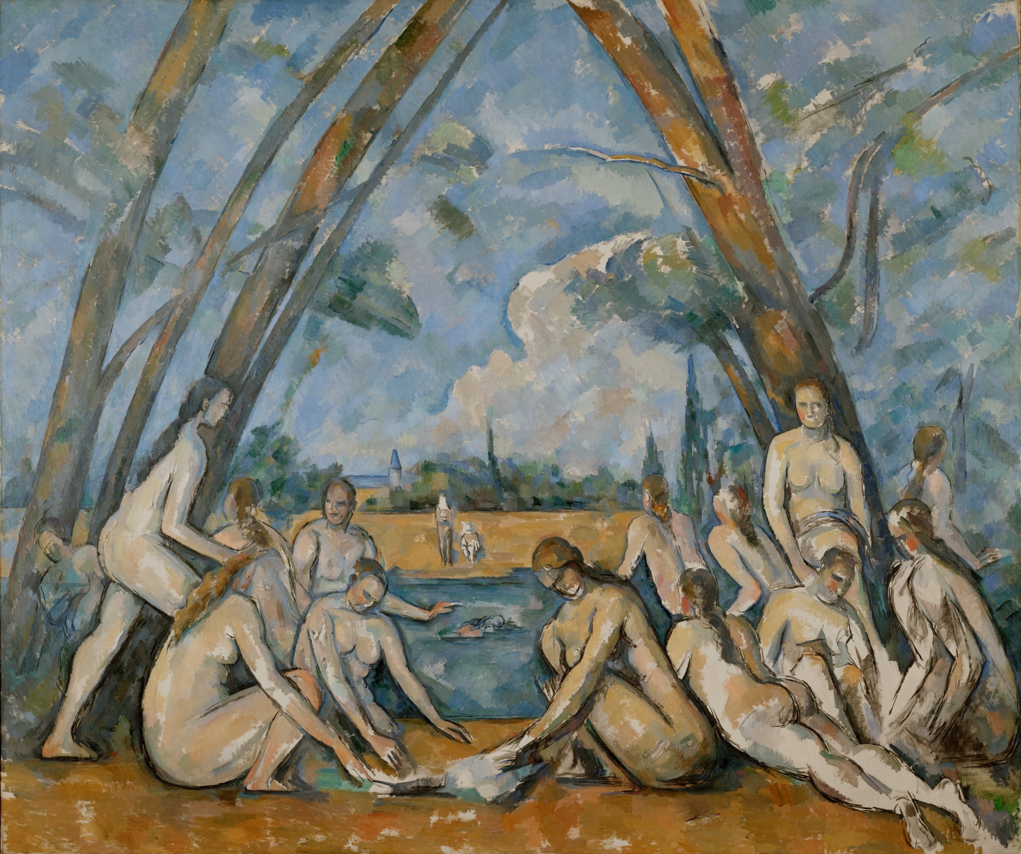 Click numbered symbols to learn about their meaning Bathers by Paul Cézanne: Geometry of the Modern Nude by Paul Cézanne (unknown year) featuring Natural vault of trees, Pool of water, Circle/frieze of bathers, Distant tower/settlement