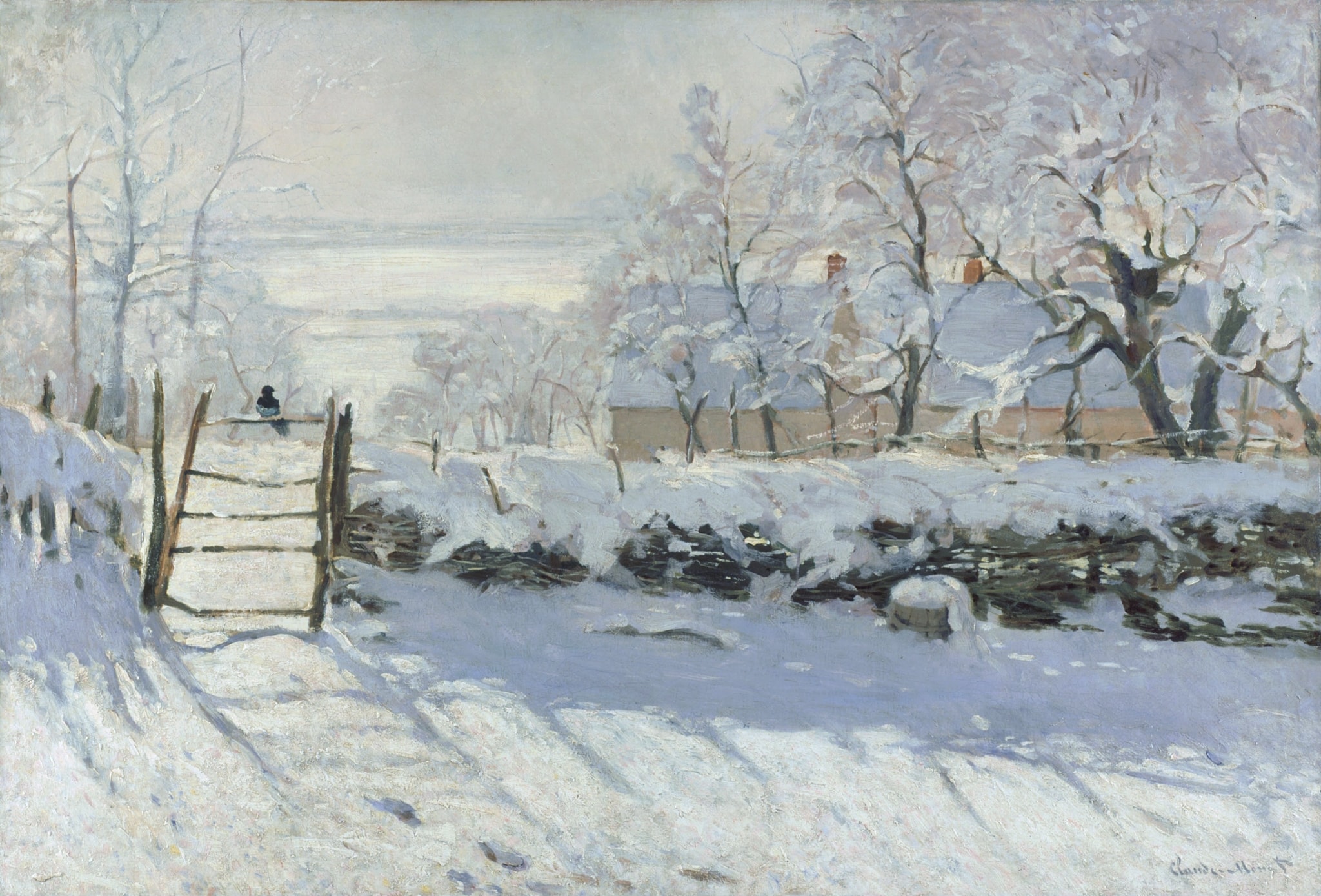 Click numbered symbols to learn about their meaning The Magpie by Claude Monet (1868–1869) featuring Magpie, Wooden Gate, Blue‑violet Shadows on Snow, Farmhouse with Snow‑covered Roof and Chimneys