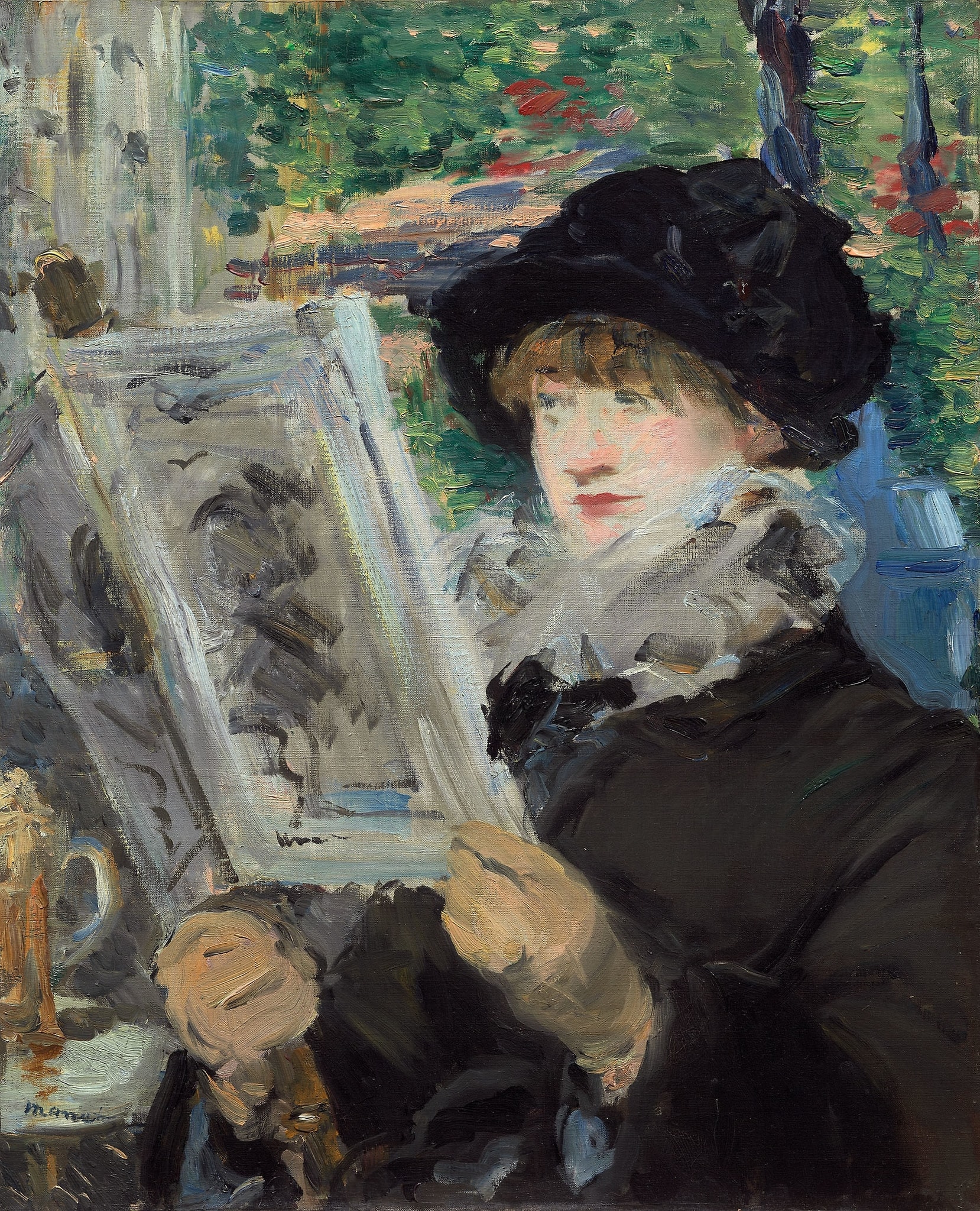 Click numbered symbols to learn about their meaning Woman Reading by Édouard Manet (1880–82) featuring Journal-on-a-stick, Beer glass, Marble café table, Ruff (white collar)