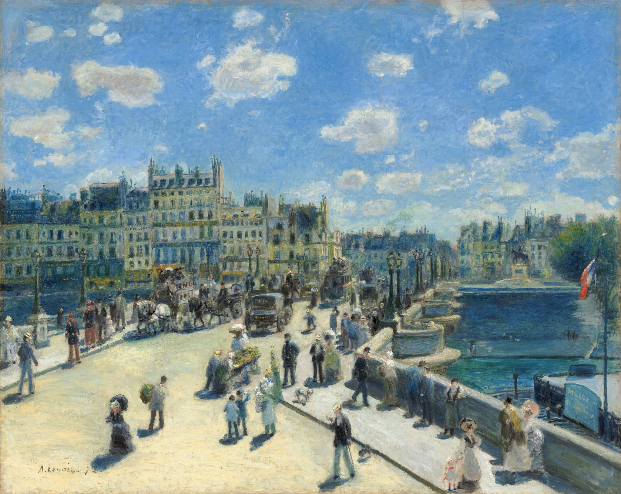 Click numbered symbols to learn about their meaning Pont Neuf Paris by Pierre-Auguste Renoir (1872) featuring French tricolor flag, Pont Neuf (the bridge/parapet), Aligned gas lamps, Equestrian statue of Henri IV