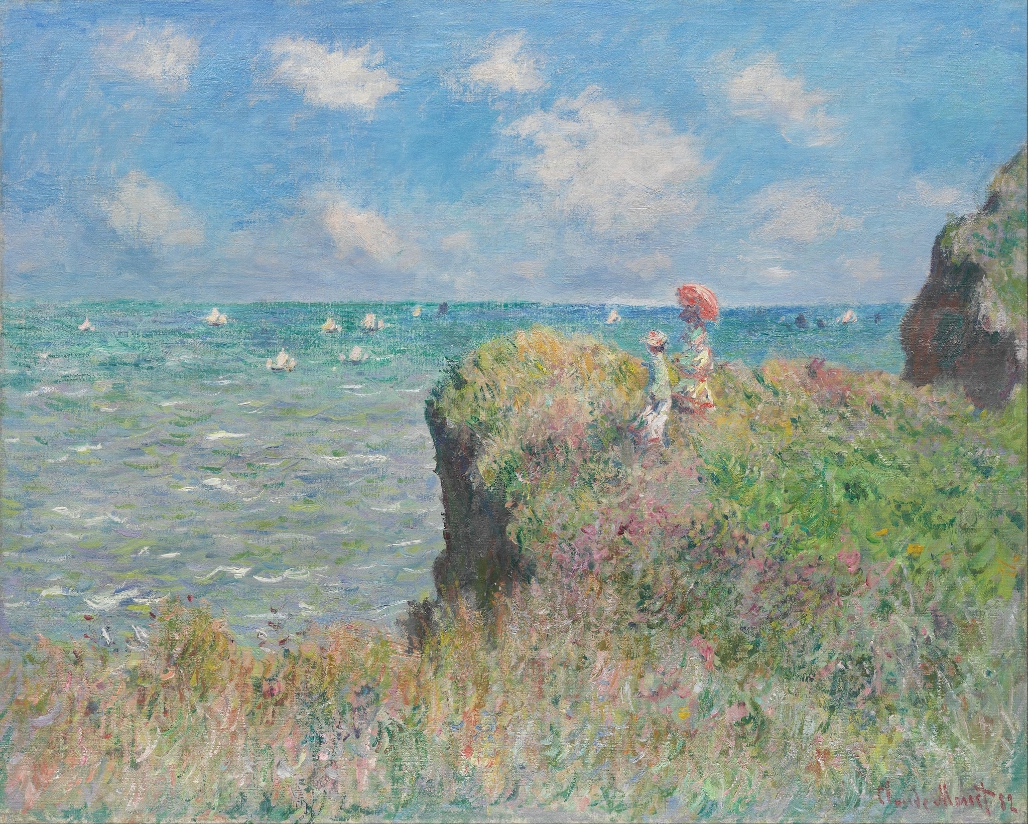 Click numbered symbols to learn about their meaning The Cliff Walk at Pourville by Claude Monet (1882) featuring Pink parasol, Cliff edge/precipice, White sails/boatlets, Wind-blown wild grasses and flowers