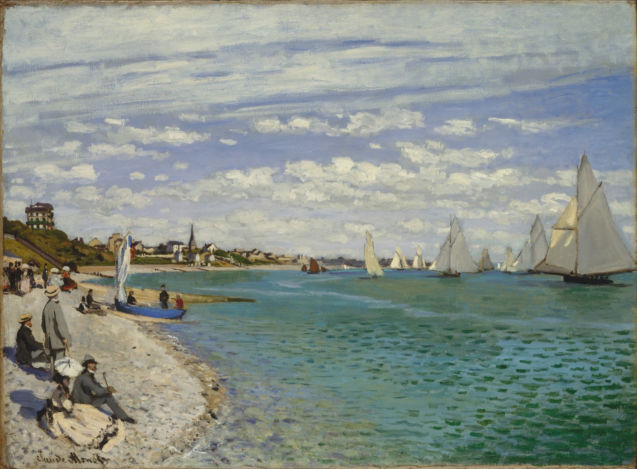 Click numbered symbols to learn about their meaning Regatta at Sainte-Adresse by Claude Monet (1867) featuring Pebble beach diagonal, White-sailed yachts, Parasols and fashionable spectators, Wind and light as broken strokes