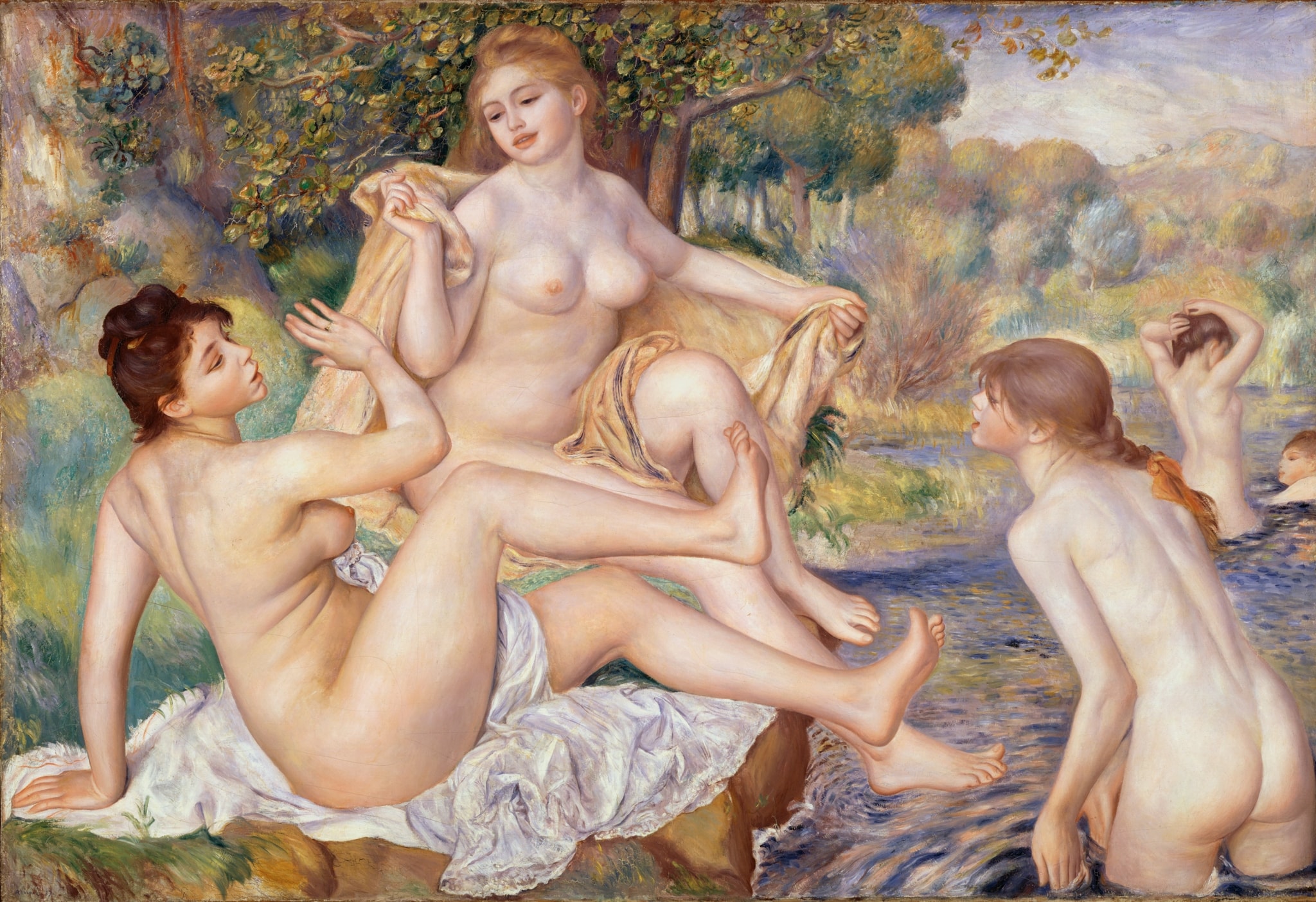 Click numbered symbols to learn about their meaning The Large Bathers by Pierre-Auguste Renoir (1884–1887) featuring Flowing stream, Golden drape, Raised, presiding hand/gesture, Splashing hand