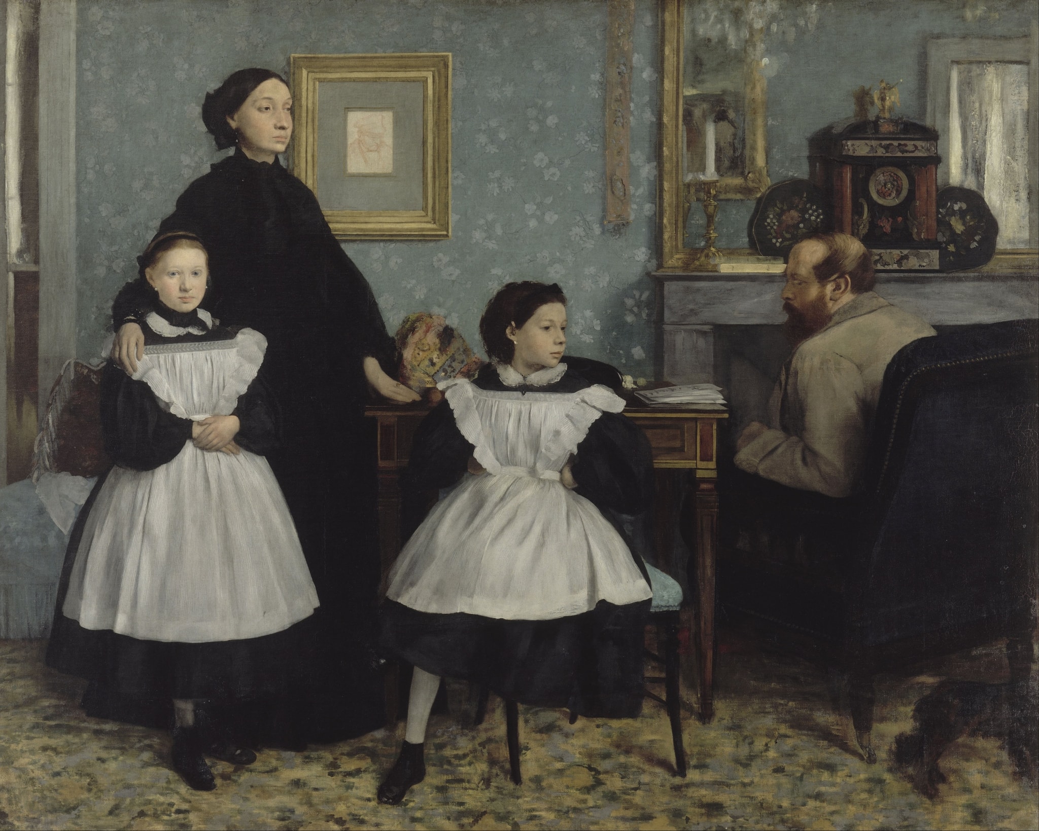 Click numbered symbols to learn about their meaning The Bellelli Family by Edgar Degas (1858–1869) featuring Mother’s mourning black, Daughters’ white pinafores, Gilt mantel clock, Ancestor’s red‑chalk portrait