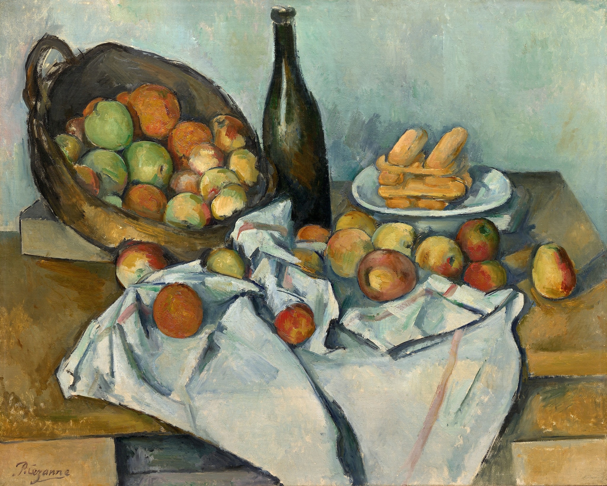 Click numbered symbols to learn about their meaning The Basket of Apples by Paul Cézanne (c. 1893) featuring Tilted basket, Apples, Rumpled white cloth (with red stripe), Dark vertical bottle