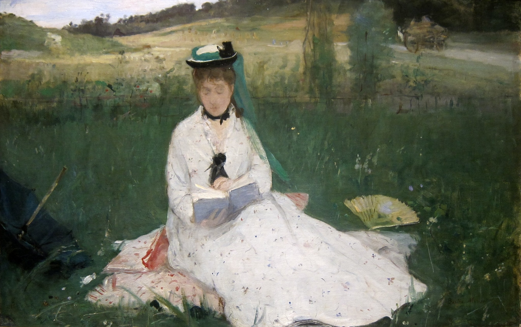 Click numbered symbols to learn about their meaning Reading by Berthe Morisot (1873) featuring Book, Green Parasol, Folded fan, White dress catching color