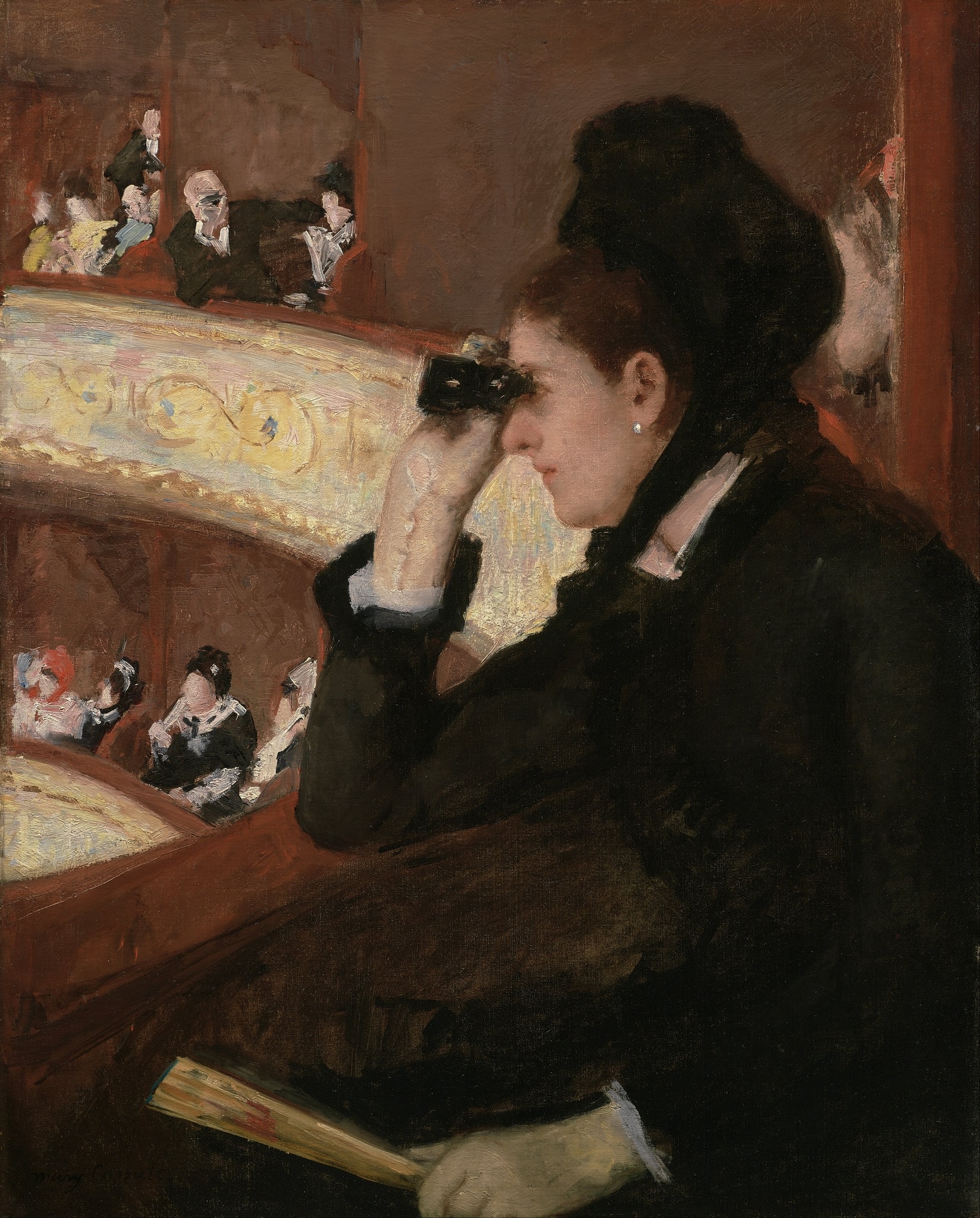 Click numbered symbols to learn about their meaning In the Loge by Mary Cassatt (1878) featuring Opera glasses (woman), Closed fan, Male spectator’s raised glasses, Black dress and bonnet silhouette