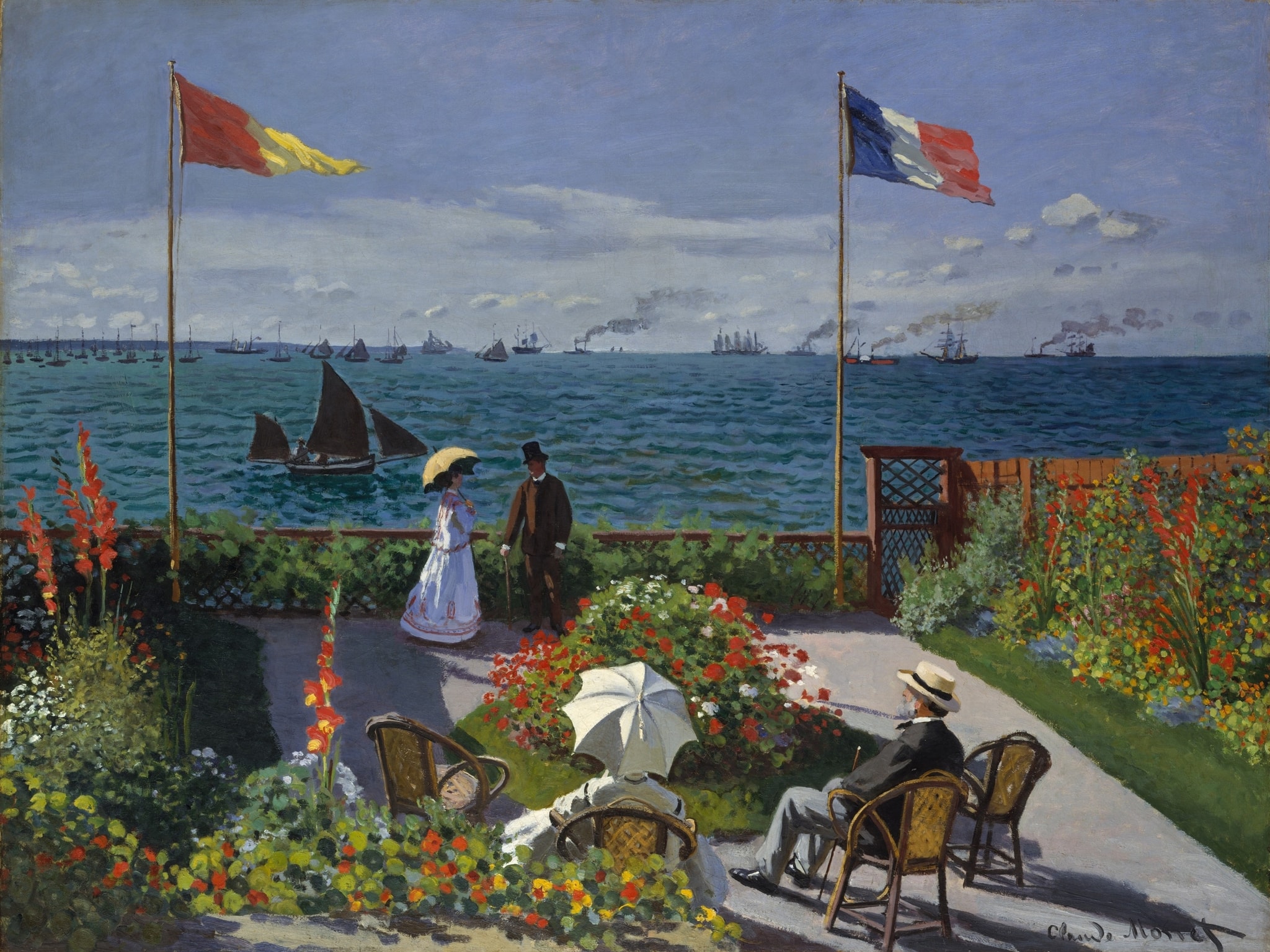 Click numbered symbols to learn about their meaning The Terrace at Sainte-Adresse by Claude Monet (1867) featuring French tricolor flag, Maritime signal pennant, Steamships with smoke, Sailing boats