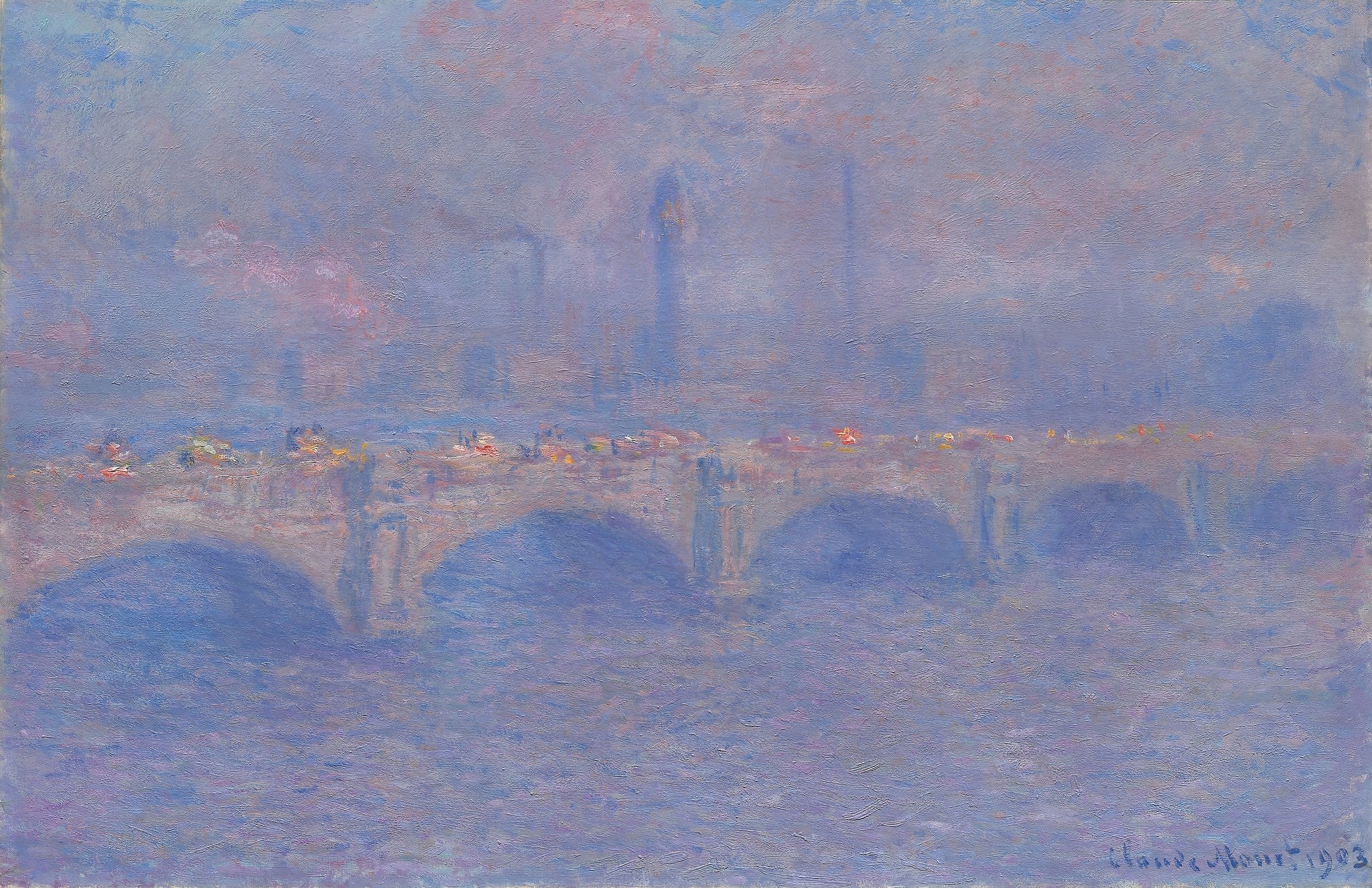 Click numbered symbols to learn about their meaning Waterloo Bridge, Sunlight Effect by Claude Monet (1903 (begun 1900)) featuring Waterloo Bridge arches, Warm traffic/lamp flashes, Industrial chimneys and towers, Thames water