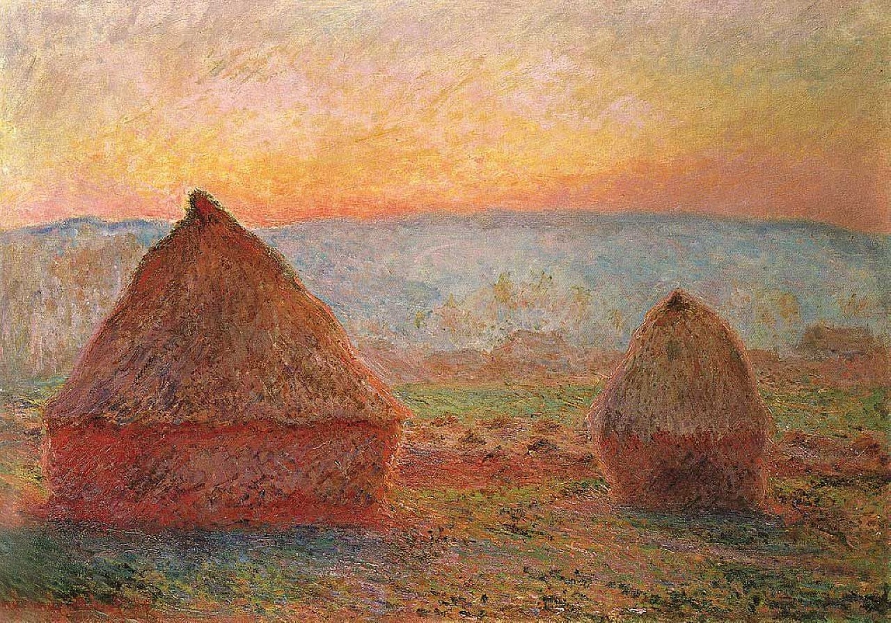 Click numbered symbols to learn about their meaning Haystack, Sunset by Claude Monet (1891) featuring Grainstacks (conical mounds), Sunset corona, Blue‑violet hills (atmospheric veil), Violet‑red shadow skirts